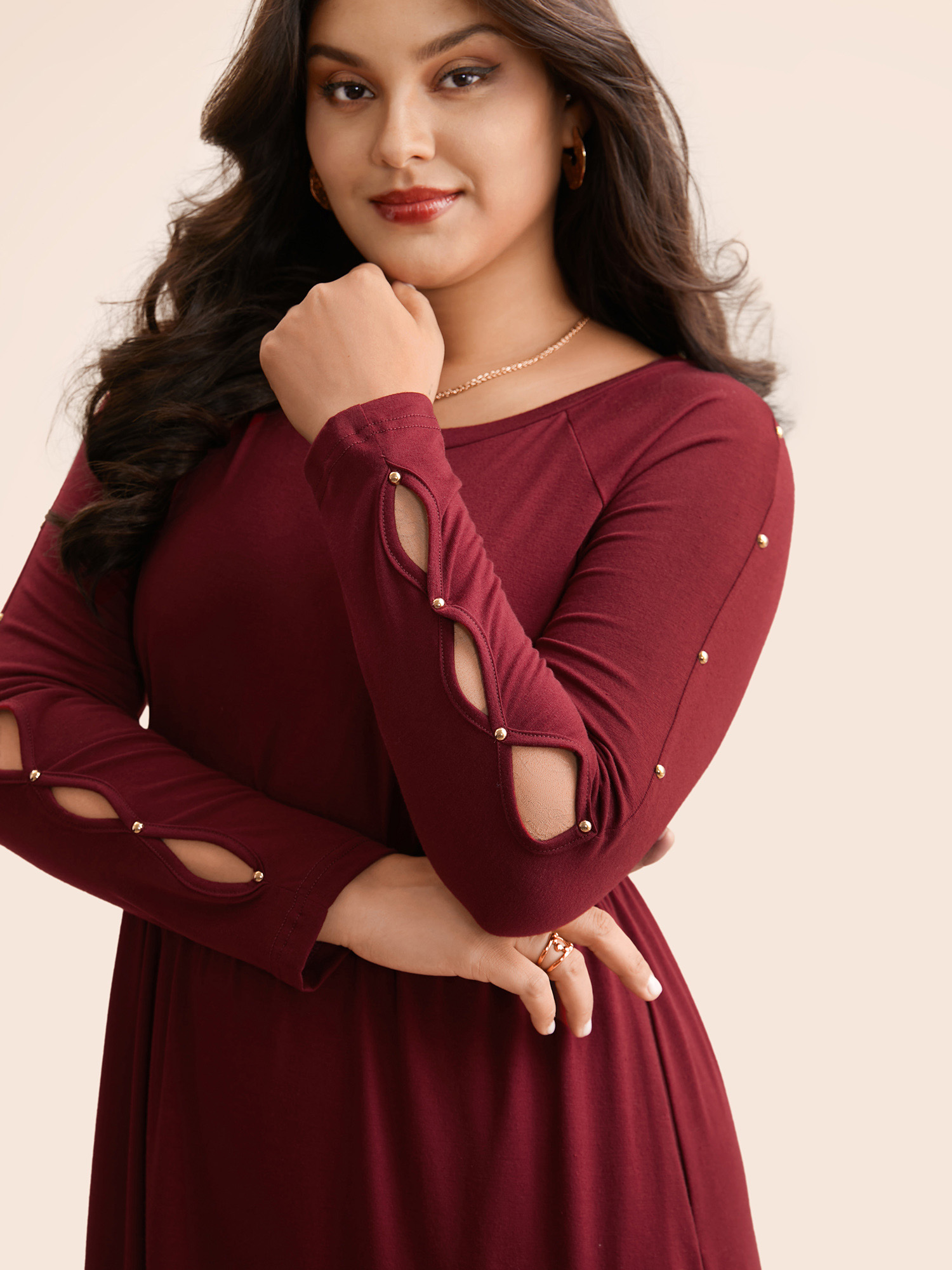 Plus Size Pearl Beaded Cut Out Midi Dress Burgundy Women Elegant Beaded Round Neck Long Sleeve Curvy BloomChic 14-16/1X 
