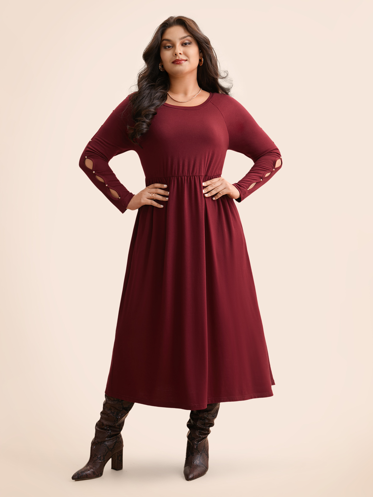 

Plus Size Pearl Beaded Cut Out Midi Dress Burgundy Women Elegant Beaded Round Neck Long Sleeve Curvy BloomChic