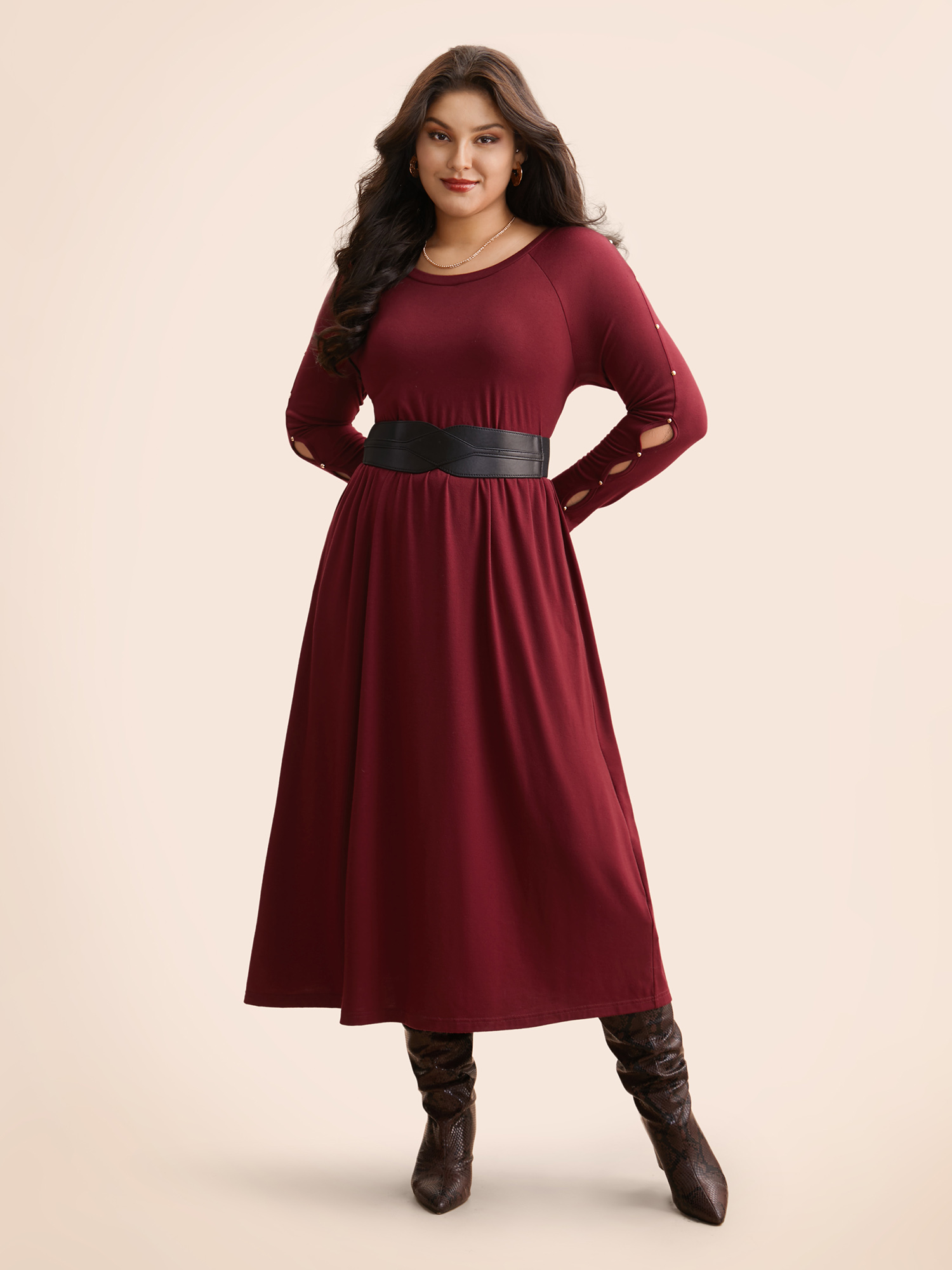 Plus Size Pearl Beaded Cut Out Midi Dress Burgundy Women Elegant Beaded Round Neck Long Sleeve Curvy BloomChic 14-16/1X 