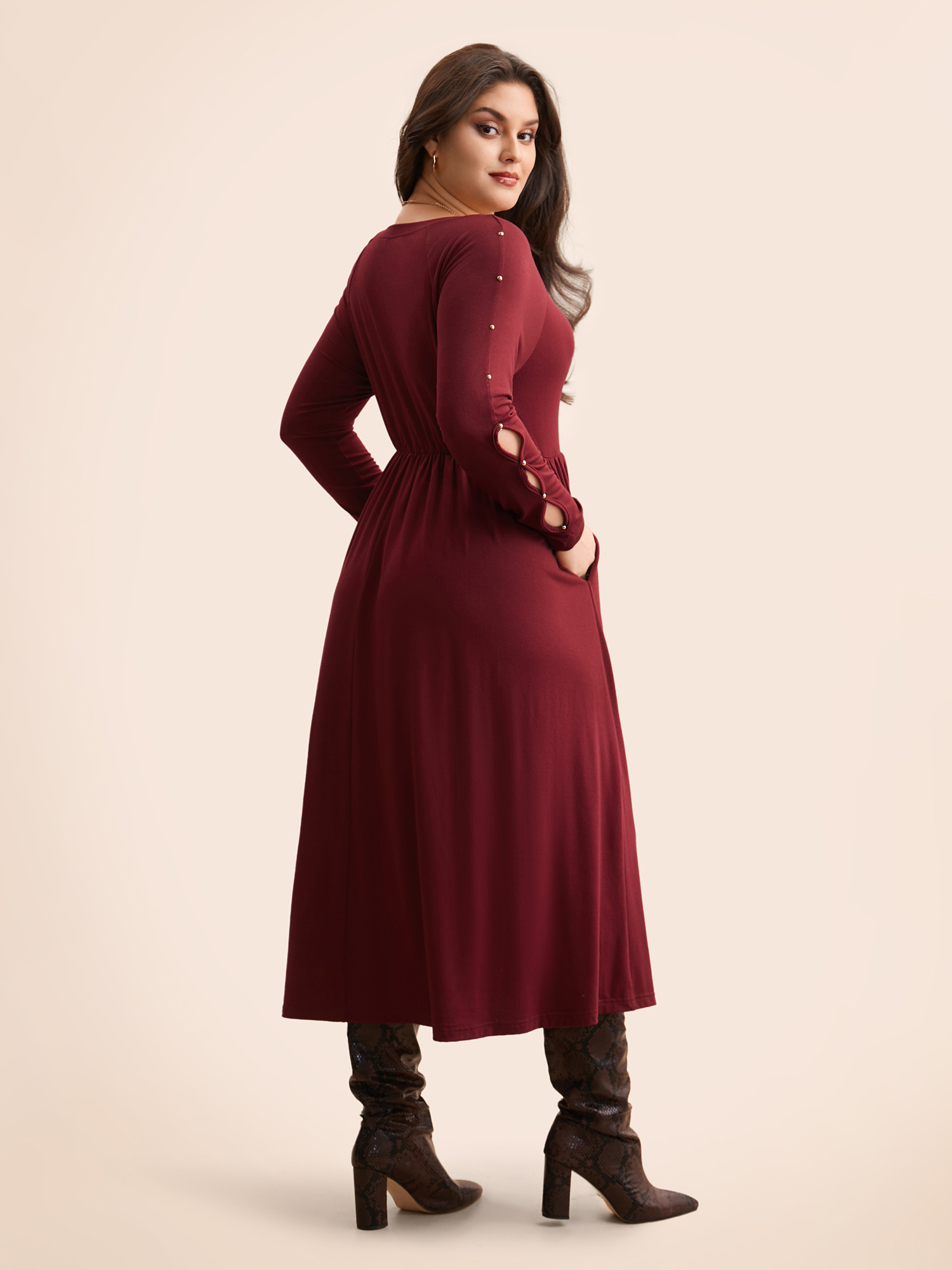 Plus Size Pearl Beaded Cut Out Midi Dress Burgundy Women Elegant Beaded Round Neck Long Sleeve Curvy BloomChic 14-16/1X 