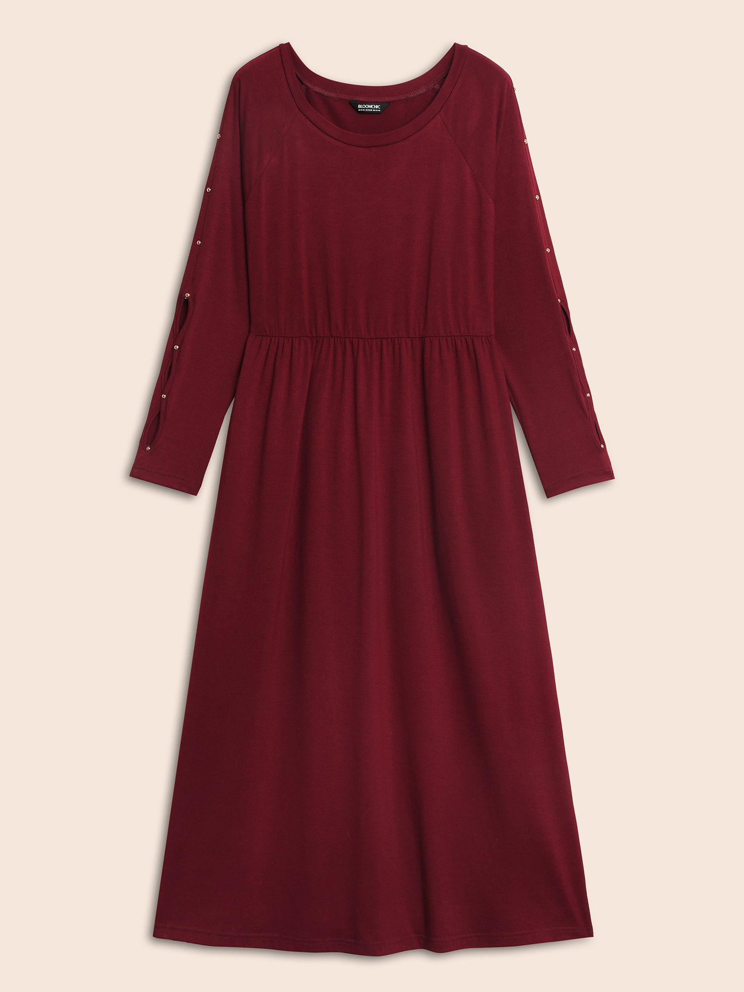 Plus Size Pearl Beaded Cut Out Midi Dress Burgundy Women Elegant Beaded Round Neck Long Sleeve Curvy BloomChic 14-16/1X 