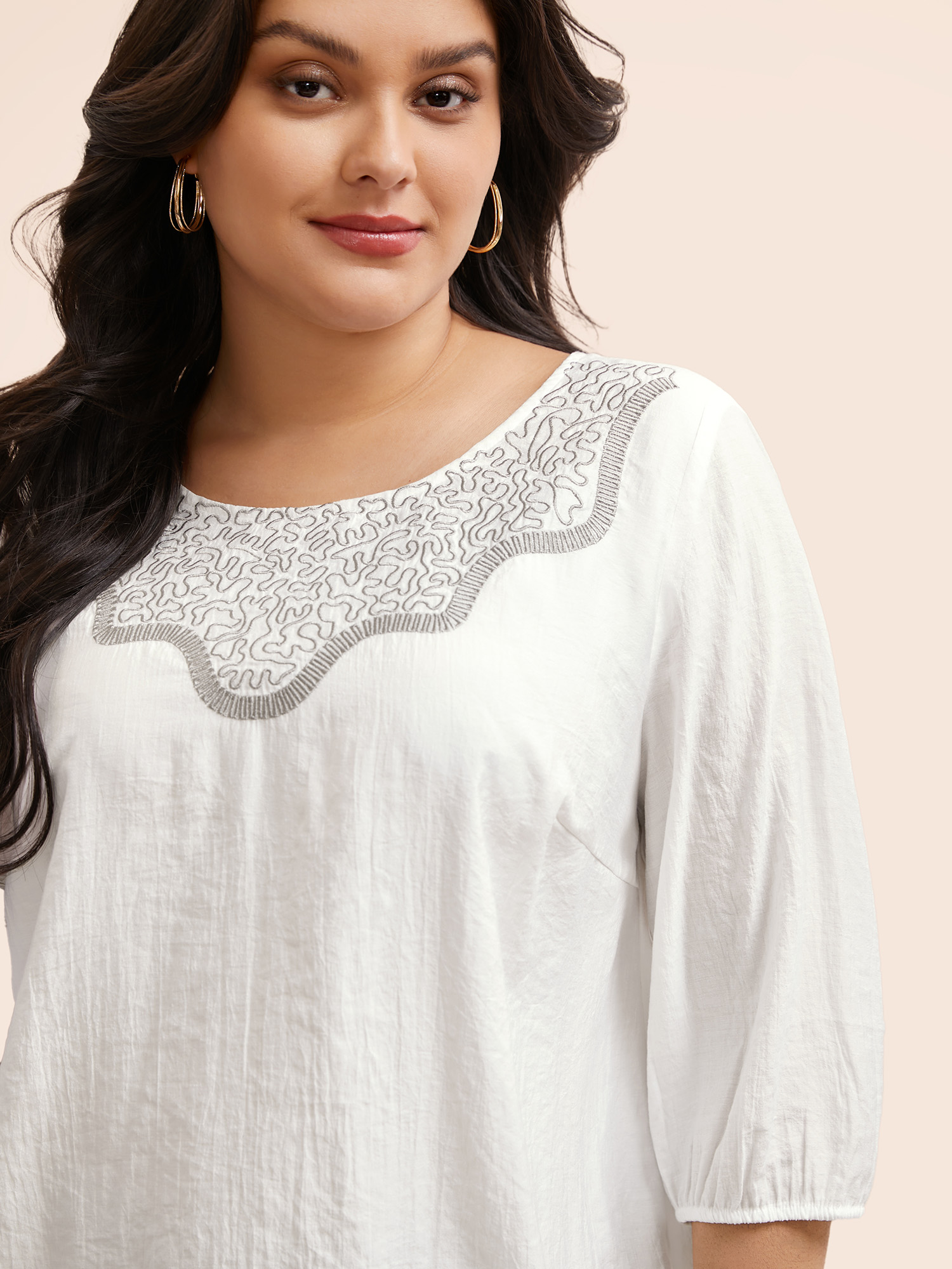 

Plus Size WhiteSmoke Crew Neck Floral Embroidered Gathered Blouse Women Elegant Elbow-length sleeve Round Neck Everyday Blouses BloomChic