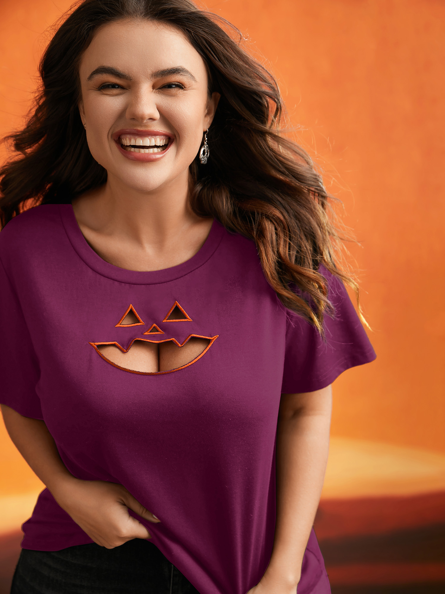 

Plus Size Jack-O-Lantern Neck Hollow Embroidered T-shirt RedViolet Women Casual Cut-Out Halloween Round Neck Everyday T-shirts BloomChic