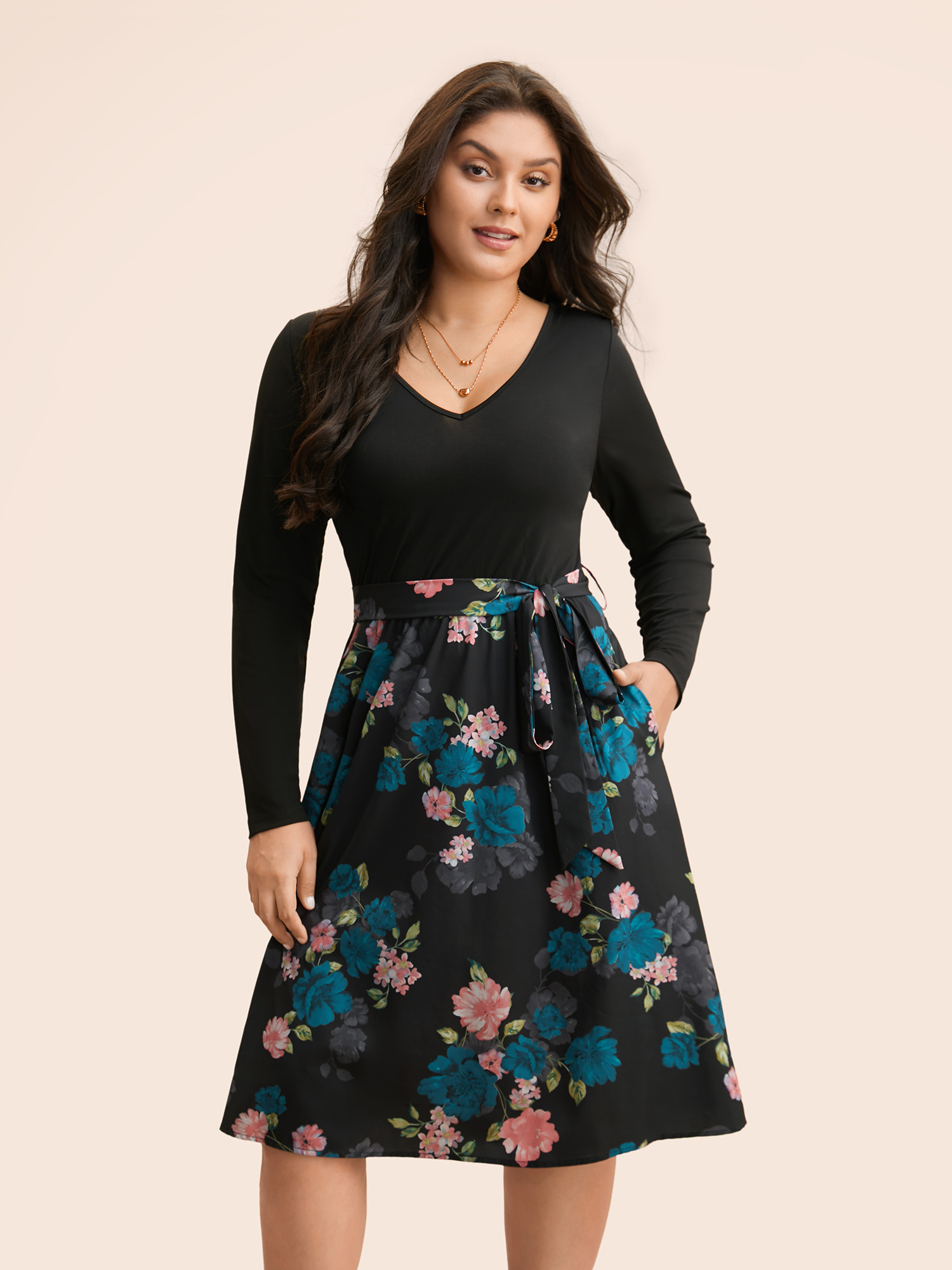 

Plus Size V Neck Floral Patchwork Belted Dress Cerulean Women Elegant Belted V-neck Long Sleeve Curvy BloomChic