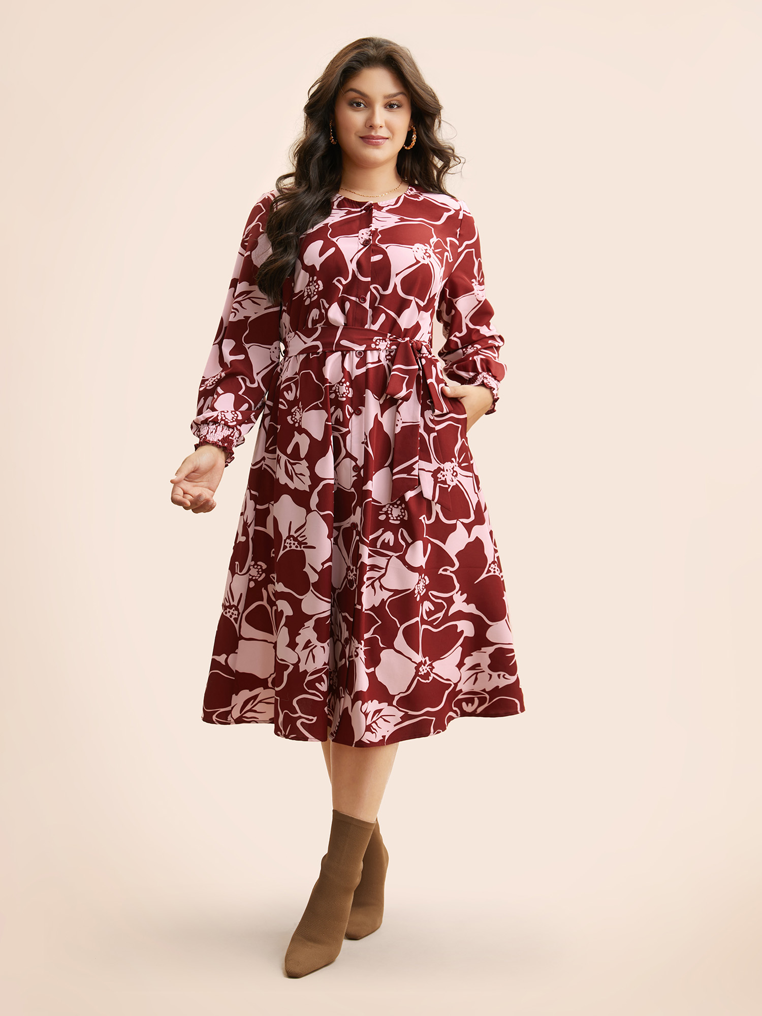 

Plus Size Floral Button Up Belted Dress Burgundy Women Elegant Belted Round Neck Long Sleeve Curvy BloomChic