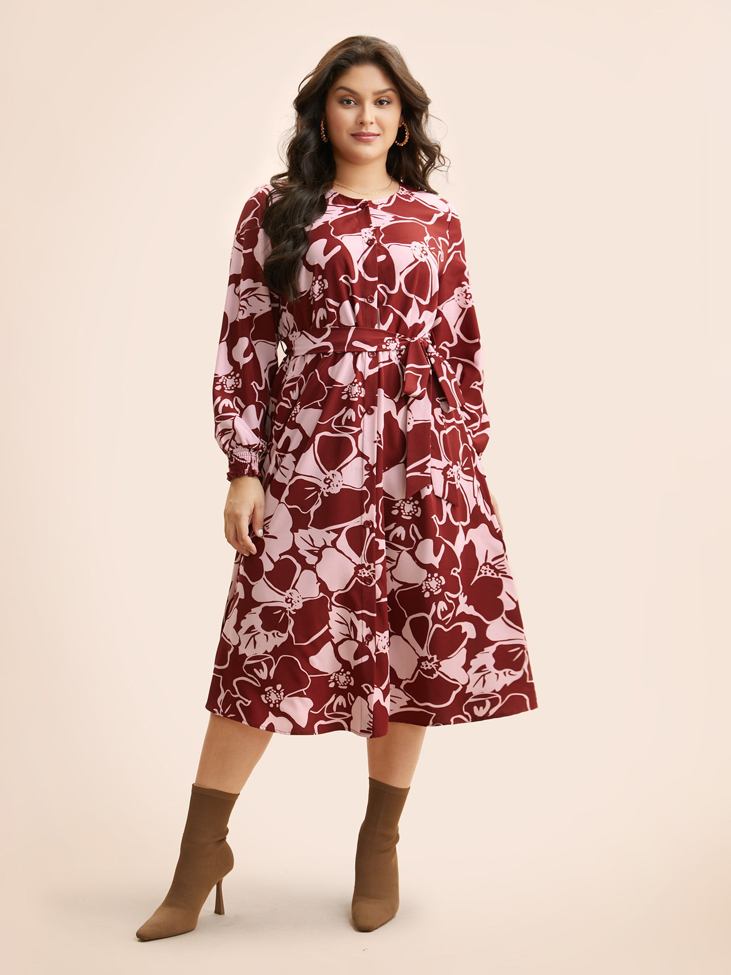 

Plus Size Floral Button Up Belted Dress Burgundy Women Elegant Belted Round Neck Long Sleeve Curvy BloomChic