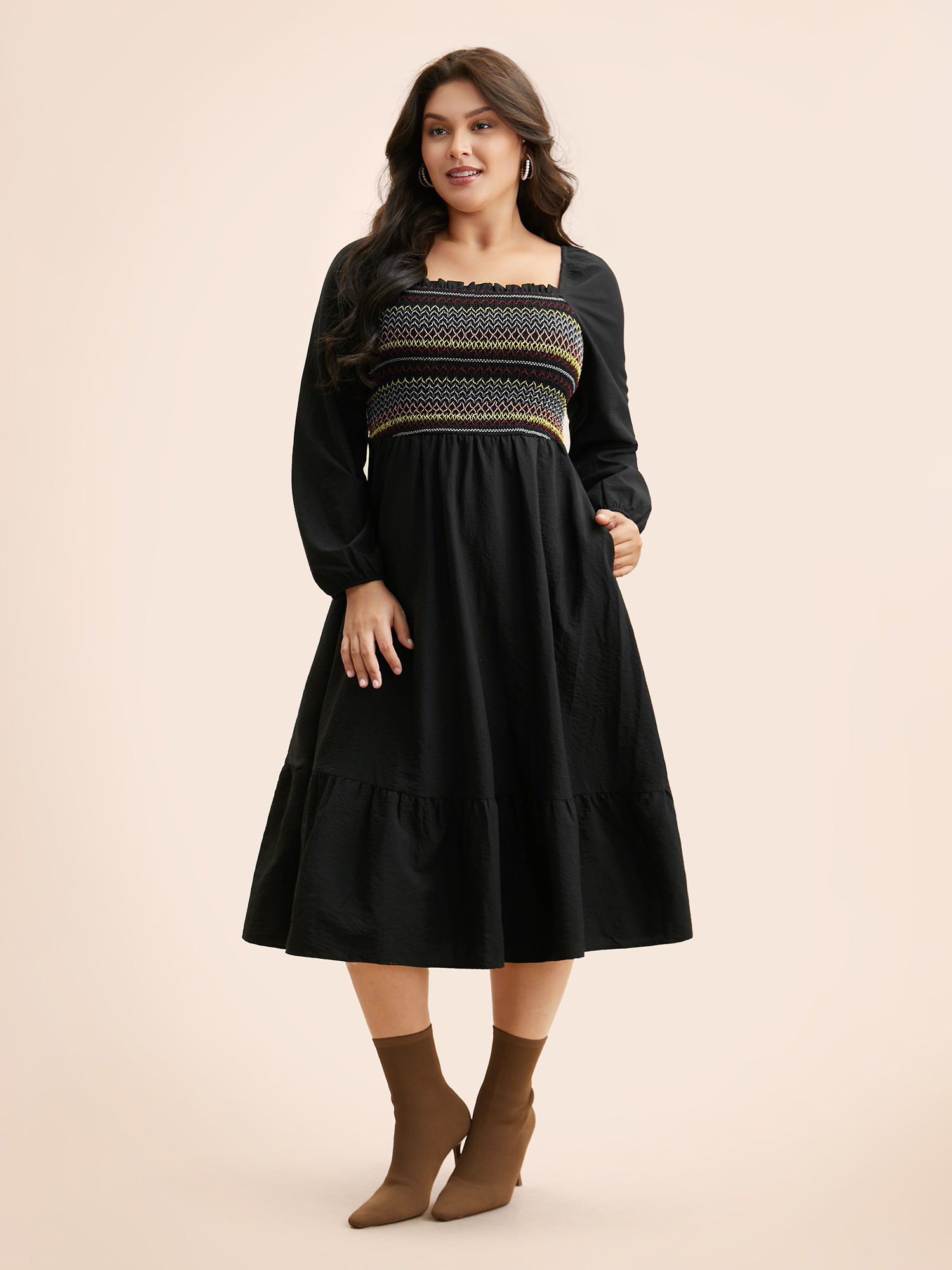 Plus Size Colored Striped Shirred Frill Trim Dress Black Women Elegant Topstitching Square Neck Long Sleeve Curvy BloomChic 28/5X 
