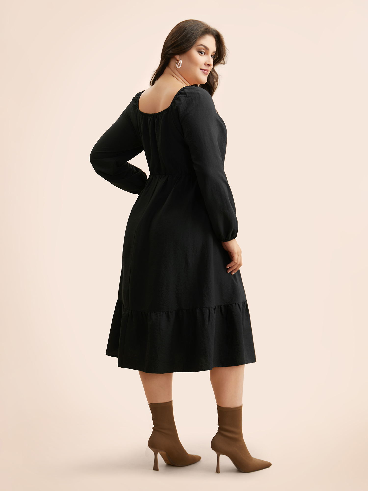 

Plus Size Colored Striped Shirred Frill Trim Dress Black Women Elegant Topstitching Square Neck Long Sleeve Curvy BloomChic