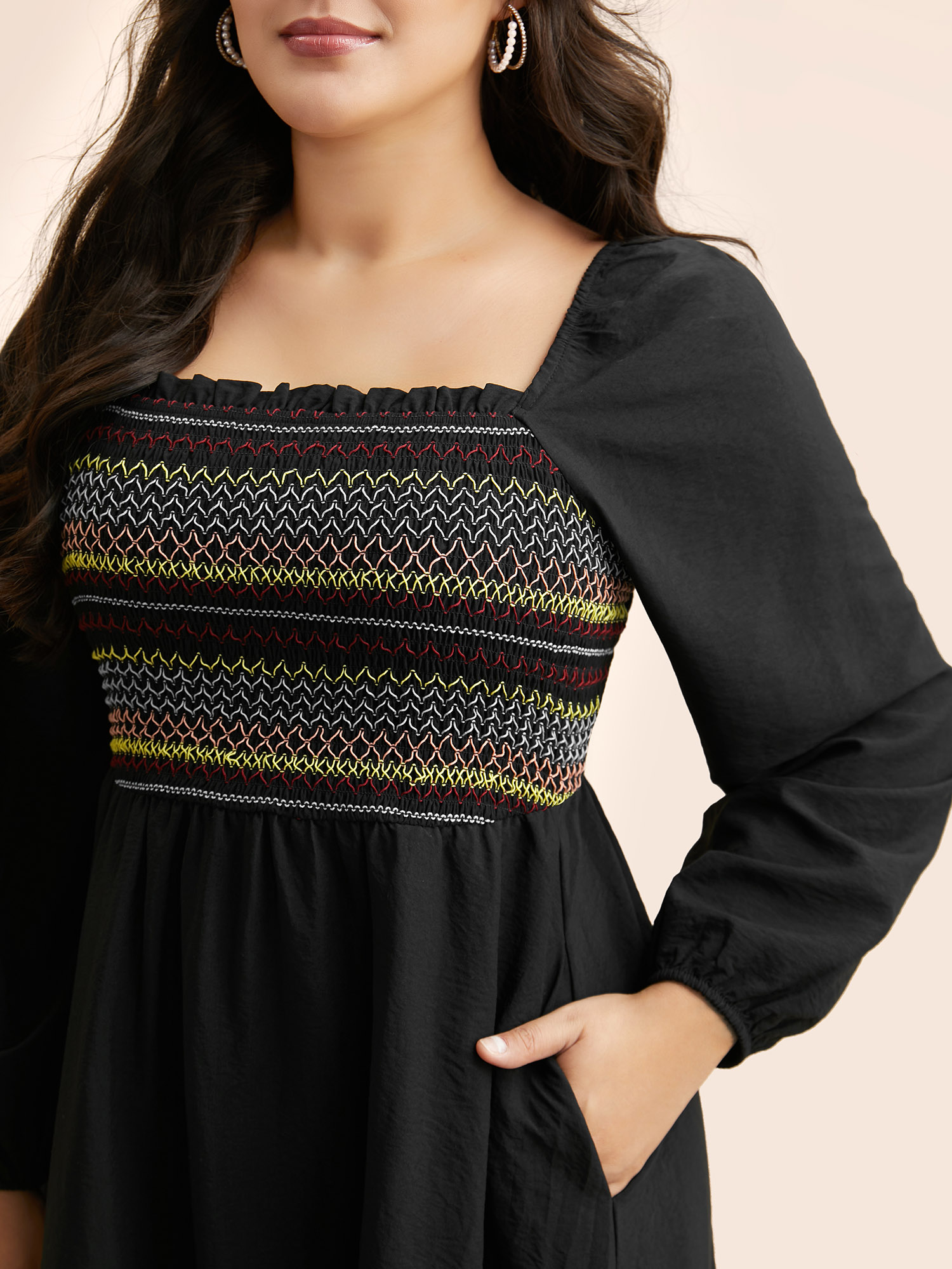 Plus Size Colored Striped Shirred Frill Trim Dress Black Women Elegant Topstitching Square Neck Long Sleeve Curvy BloomChic 28/5X 