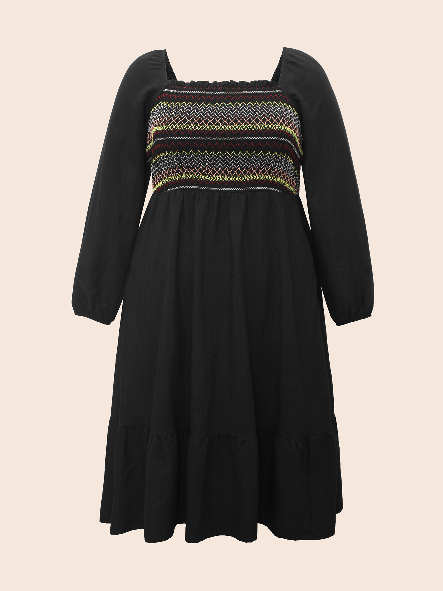 Plus Size Colored Striped Shirred Frill Trim Dress Black Women Elegant Topstitching Square Neck Long Sleeve Curvy BloomChic 28/5X 