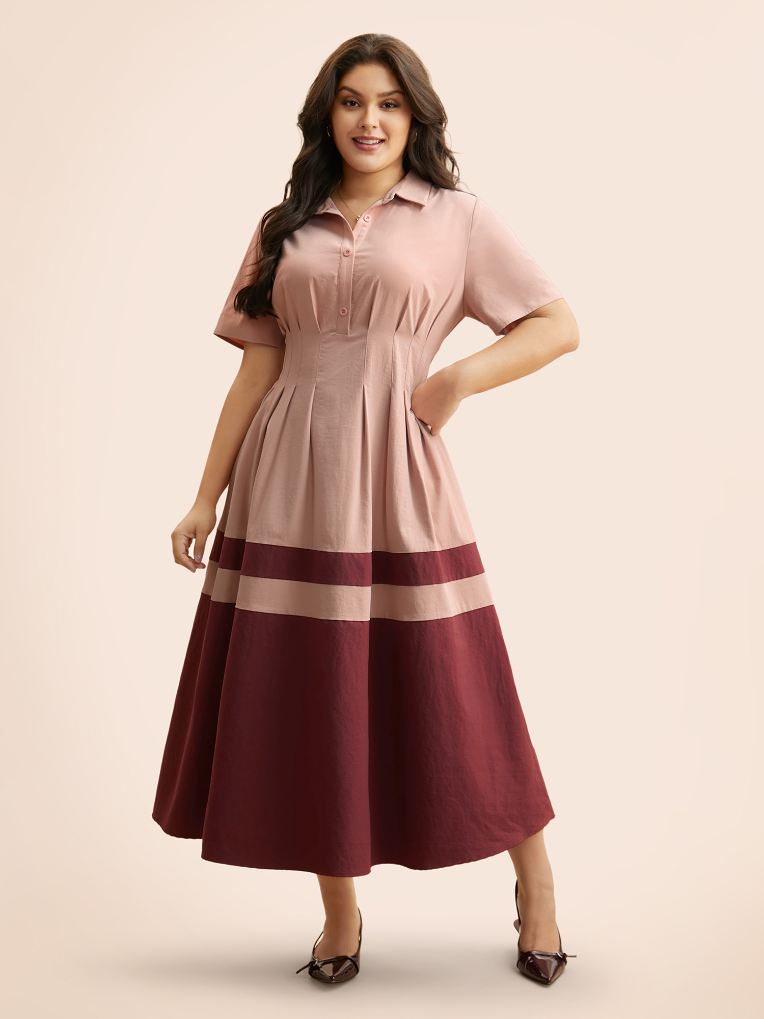 

Plus Size Contrast Shirred Pleated Maxi Dress Nudepink Women Elegant Contrast Shirt collar Short sleeve Curvy BloomChic