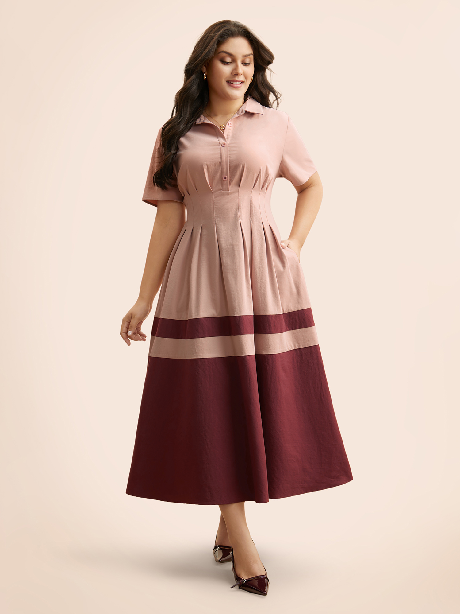 

Plus Size Contrast Shirred Pleated Maxi Dress Nudepink Women Elegant Contrast Shirt collar Short sleeve Curvy BloomChic