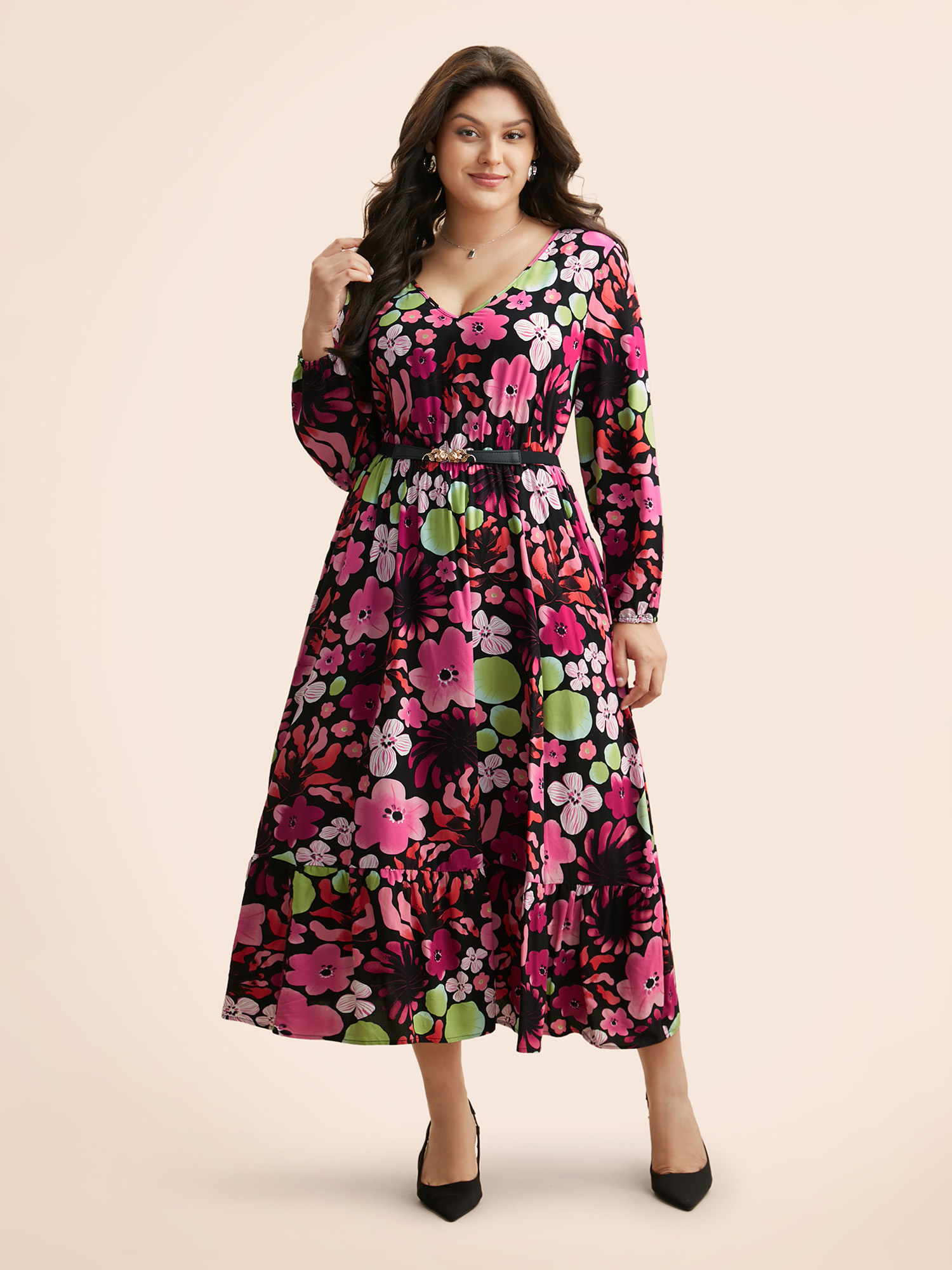 

Plus Size Floral V Neck Lantern Sleeve Dress Black Women Elegant Non V-neck Long Sleeve Curvy BloomChic