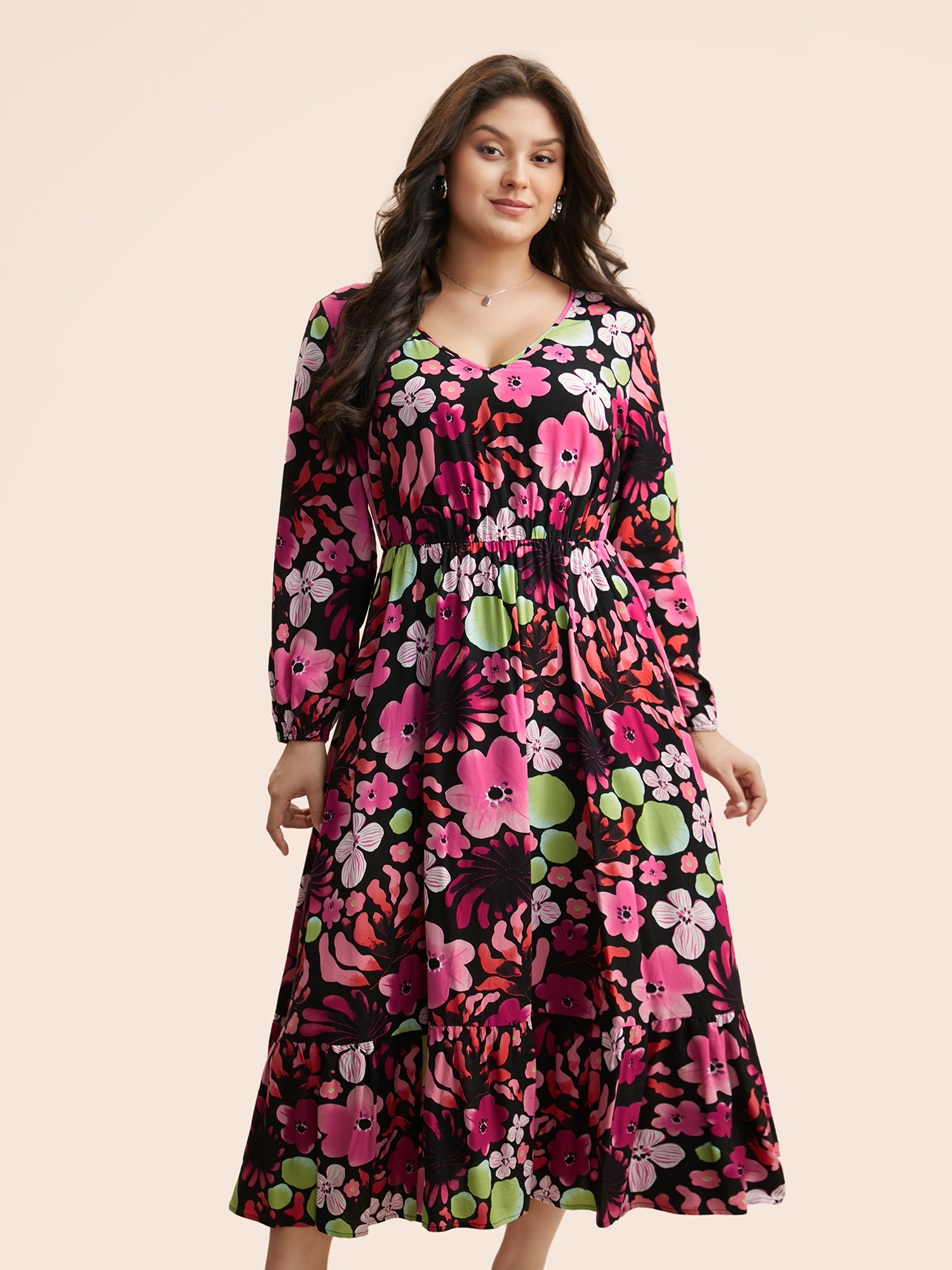 Plus Size Floral V Neck Lantern Sleeve Dress Black Women Elegant Non V-neck Long Sleeve Curvy BloomChic 12/L 