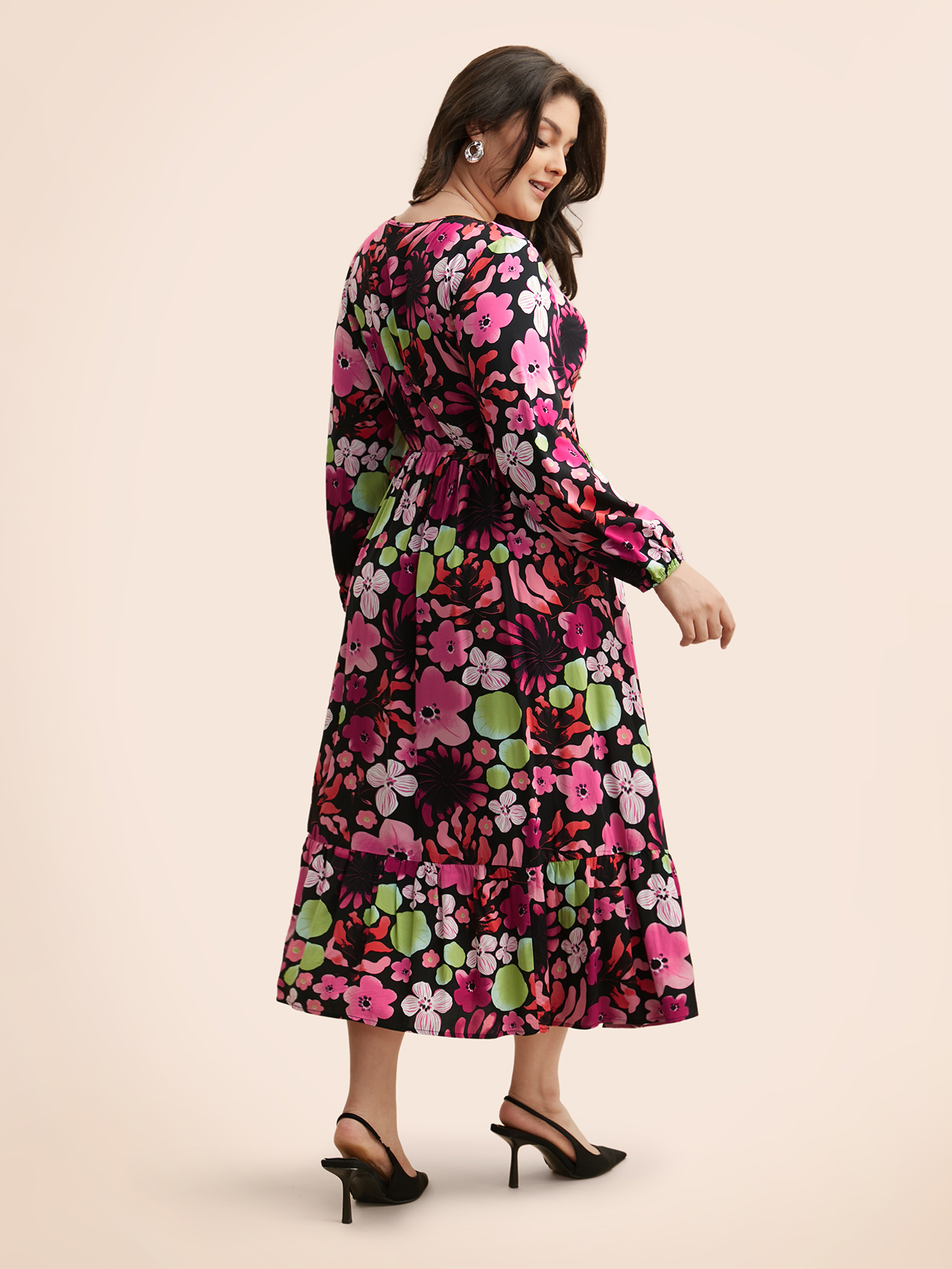Plus Size Floral V Neck Lantern Sleeve Dress Black Women Elegant Non V-neck Long Sleeve Curvy BloomChic 12/L 