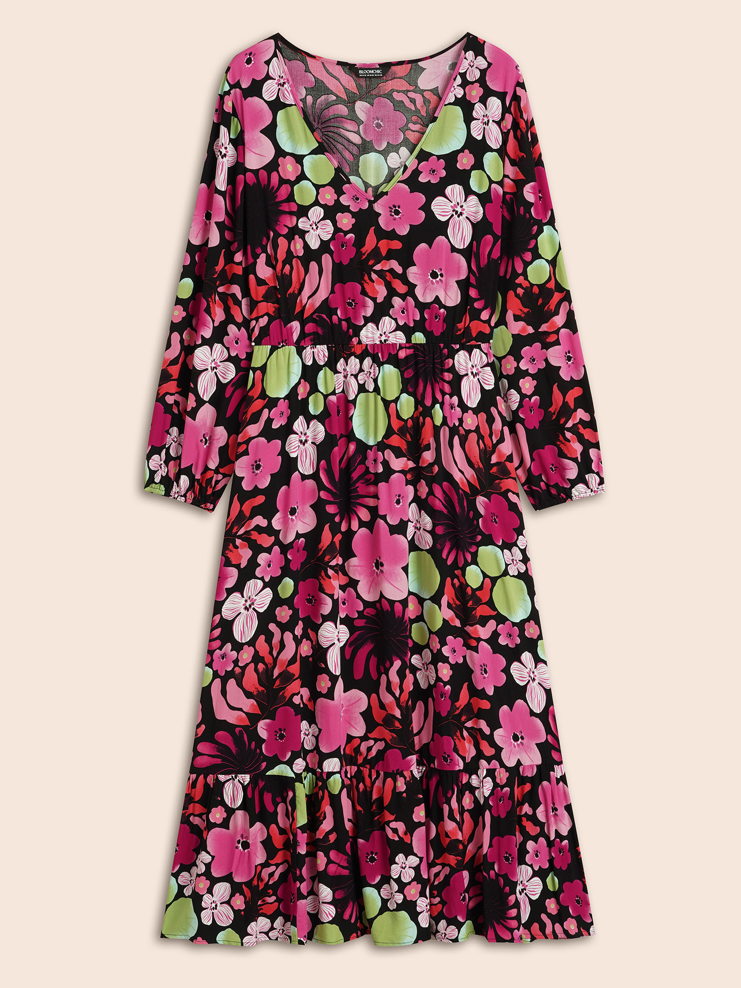 Plus Size Floral V Neck Lantern Sleeve Dress Black Women Elegant Non V-neck Long Sleeve Curvy BloomChic 12/L 