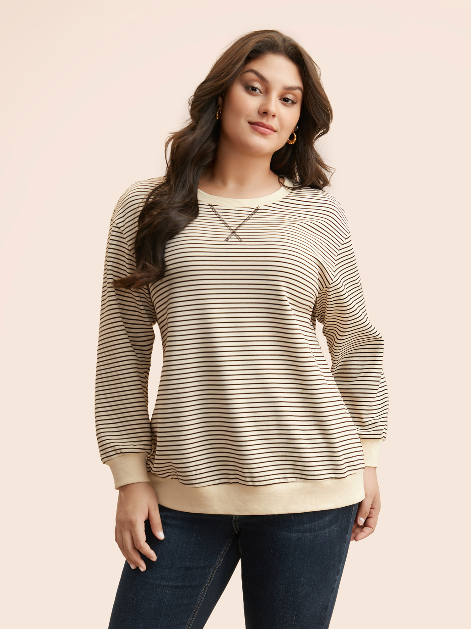 

Plus Size Round Neck Striped Stitch Sweatshirt Women DarkBrown Casual Texture Round Neck Everyday Sweatshirts BloomChic