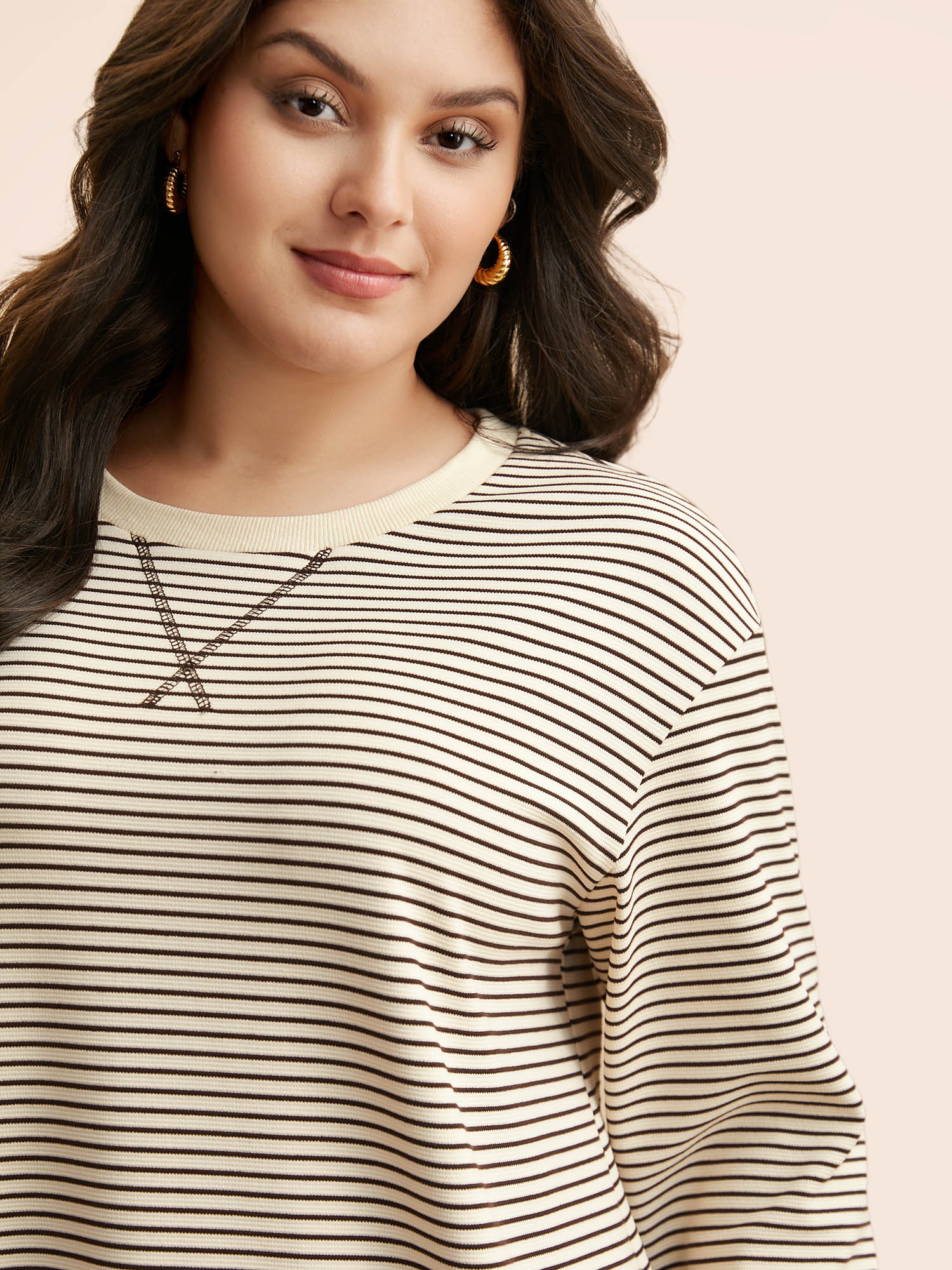 

Plus Size Round Neck Striped Stitch Sweatshirt Women DarkBrown Casual Texture Round Neck Everyday Sweatshirts BloomChic