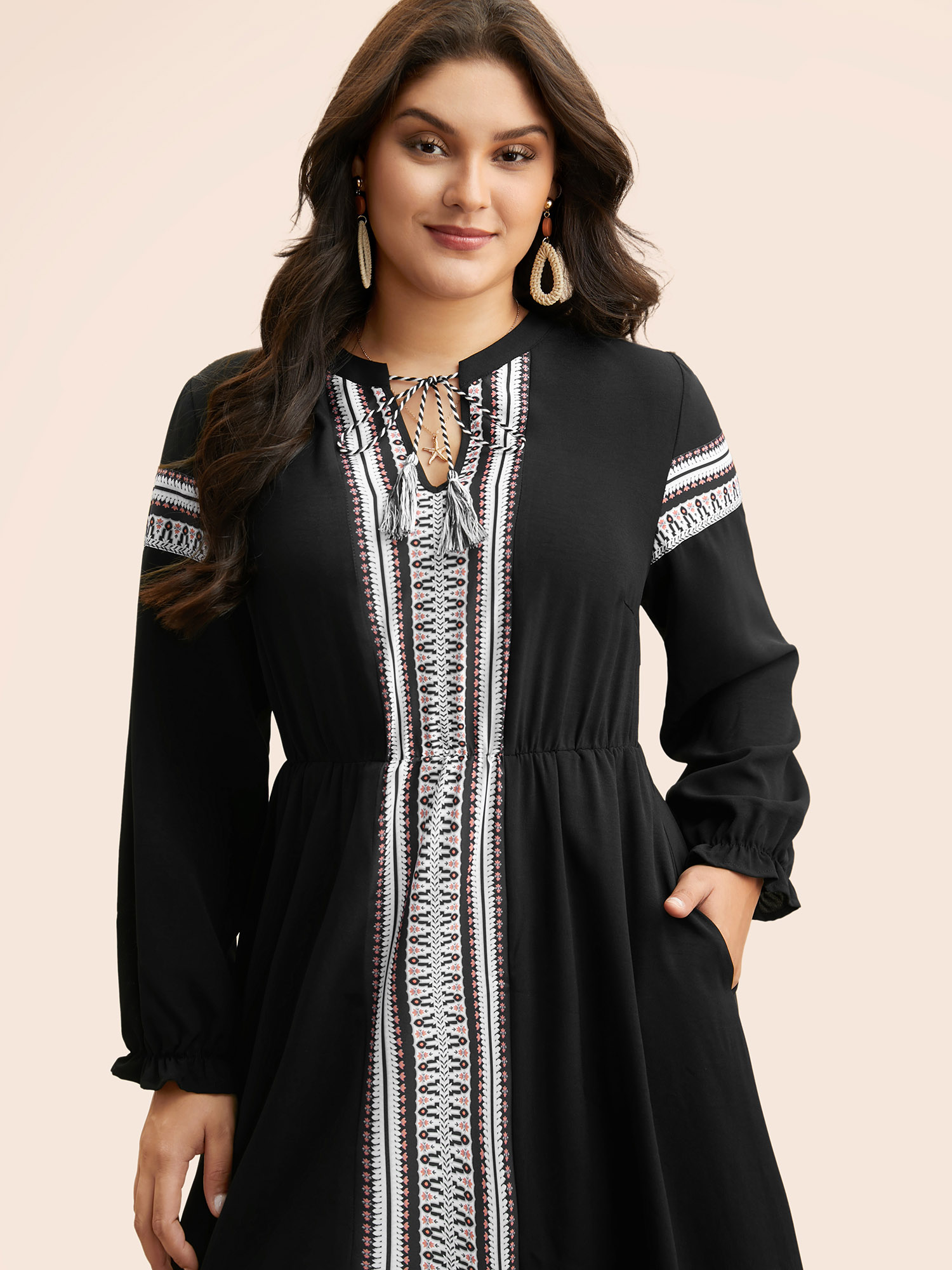 

Plus Size Bandana Tie Knot Lantern Sleeve Dress Black Women Resort Woven ribbon&lace trim Flat collar with V-notch Long Sleeve Curvy BloomChic