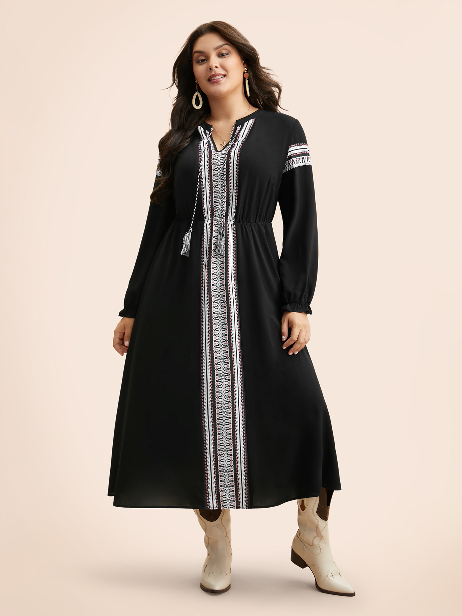 Plus Size Bandana Tie Knot Lantern Sleeve Dress Black Women Resort Woven ribbon&lace trim Flat collar with V-notch Long Sleeve Curvy BloomChic 28/5X 