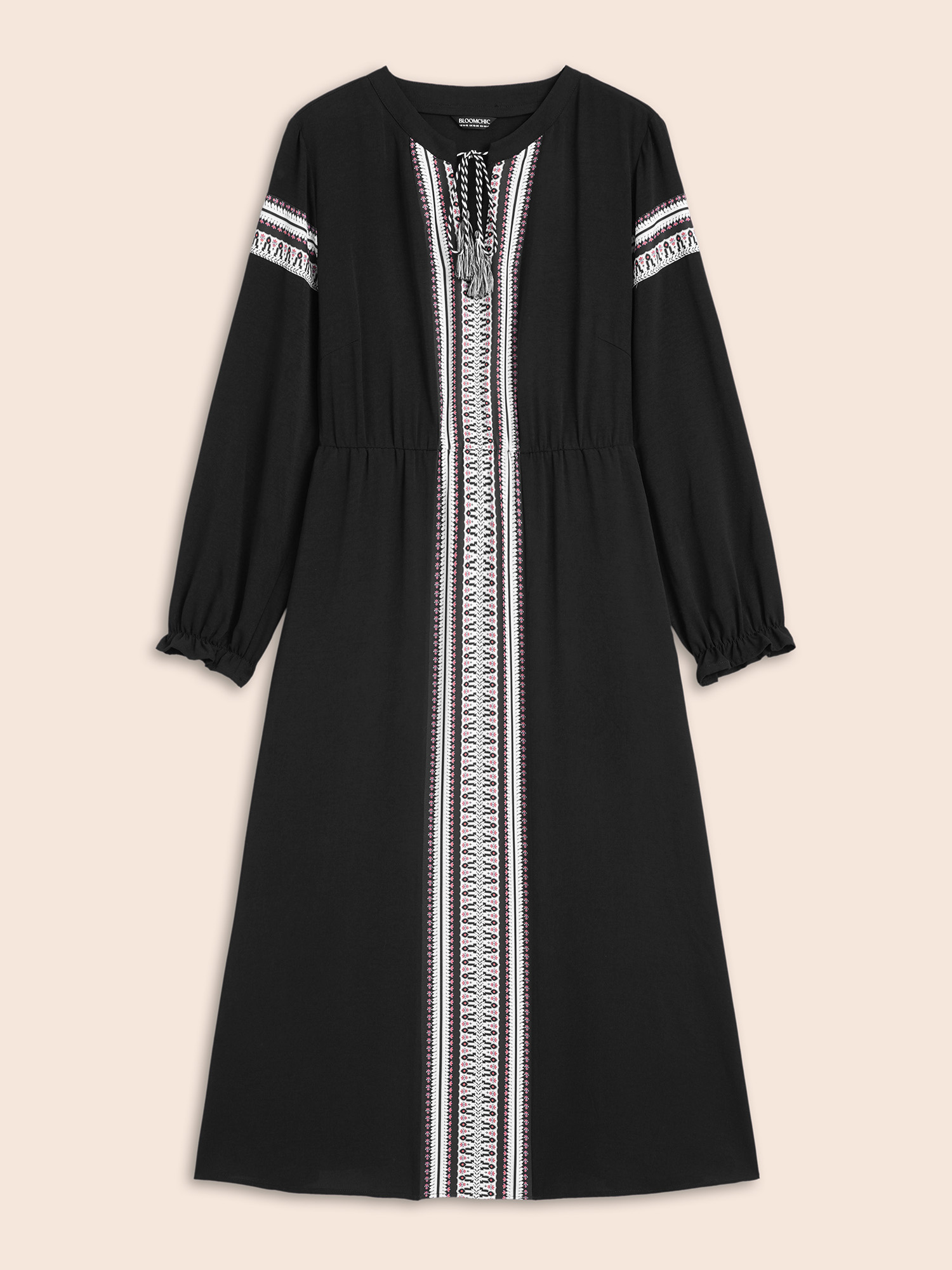 Plus Size Bandana Tie Knot Lantern Sleeve Dress Black Women Resort Woven ribbon&lace trim Flat collar with V-notch Long Sleeve Curvy BloomChic 28/5X 