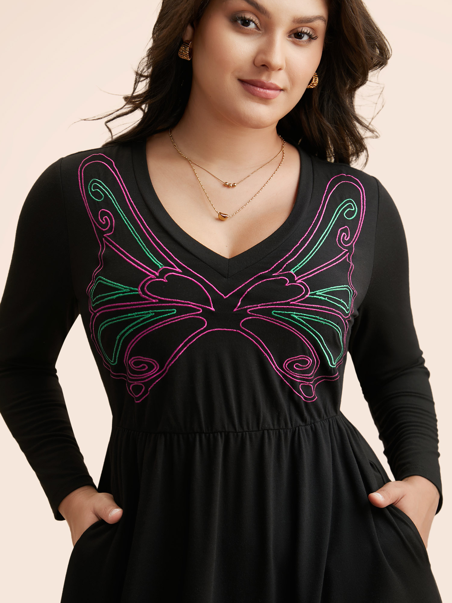 

Plus Size Butterfly Embroidered V Neck Midi Dress Black Women Elegant Embroidered V-neck Long Sleeve Curvy BloomChic