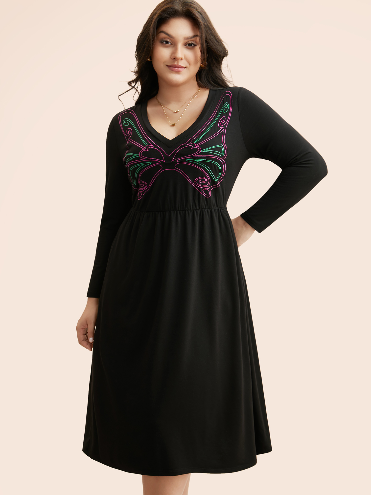Plus Size Butterfly Embroidered V Neck Midi Dress Black Women Elegant Embroidered V-neck Long Sleeve Curvy BloomChic 22-24/3X 