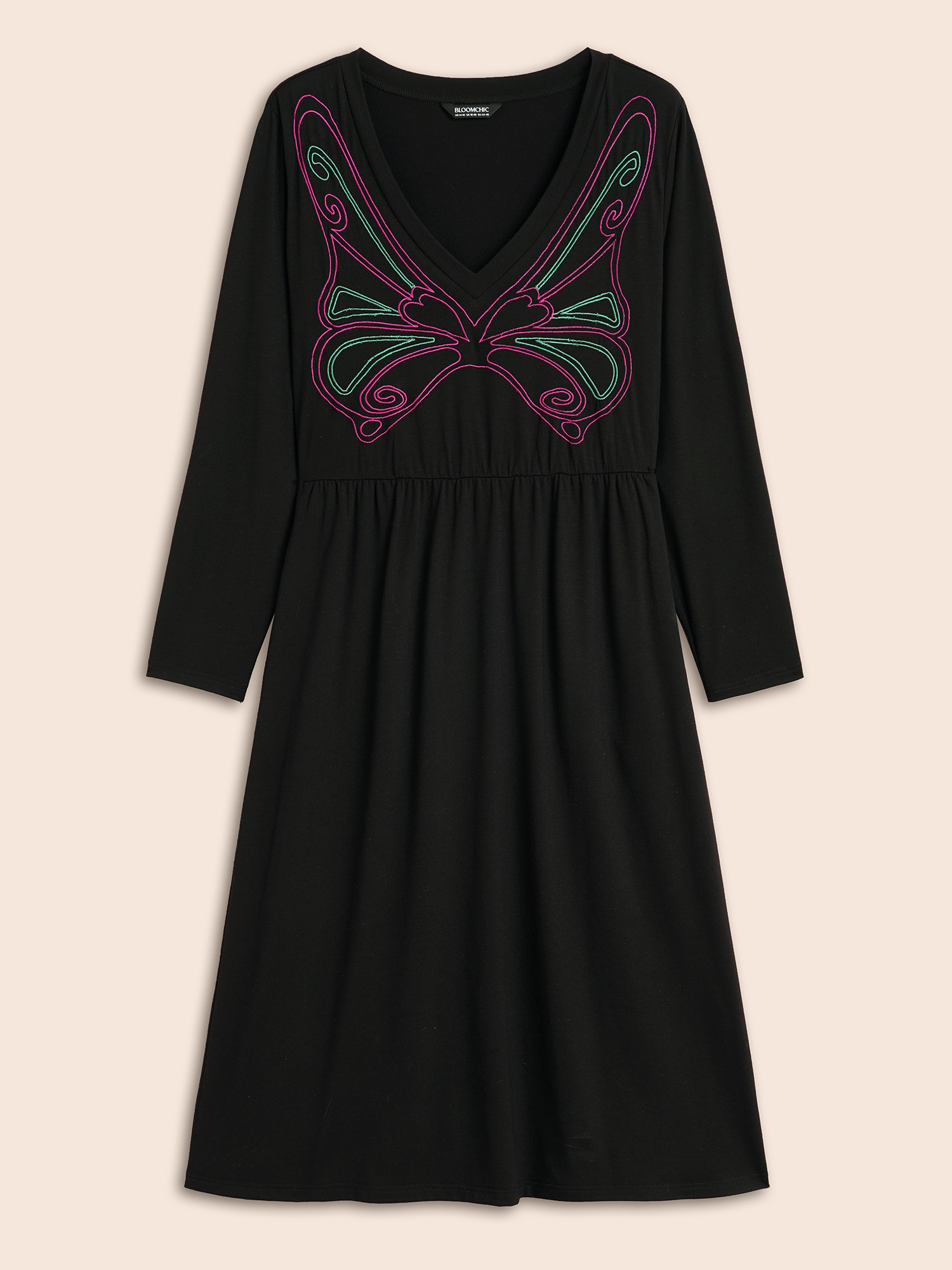Plus Size Butterfly Embroidered V Neck Midi Dress Black Women Elegant Embroidered V-neck Long Sleeve Curvy BloomChic 22-24/3X 