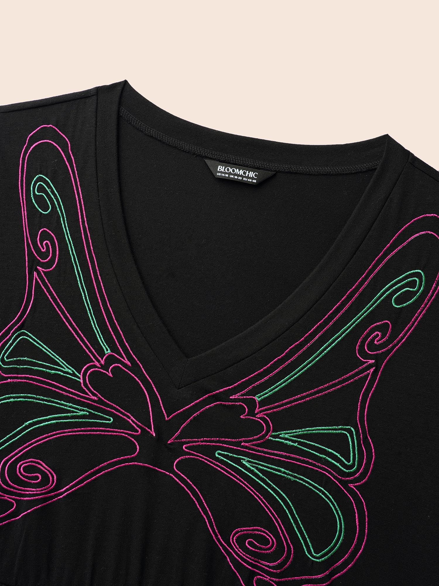 Plus Size Butterfly Embroidered V Neck Midi Dress Black Women Elegant Embroidered V-neck Long Sleeve Curvy BloomChic 22-24/3X 