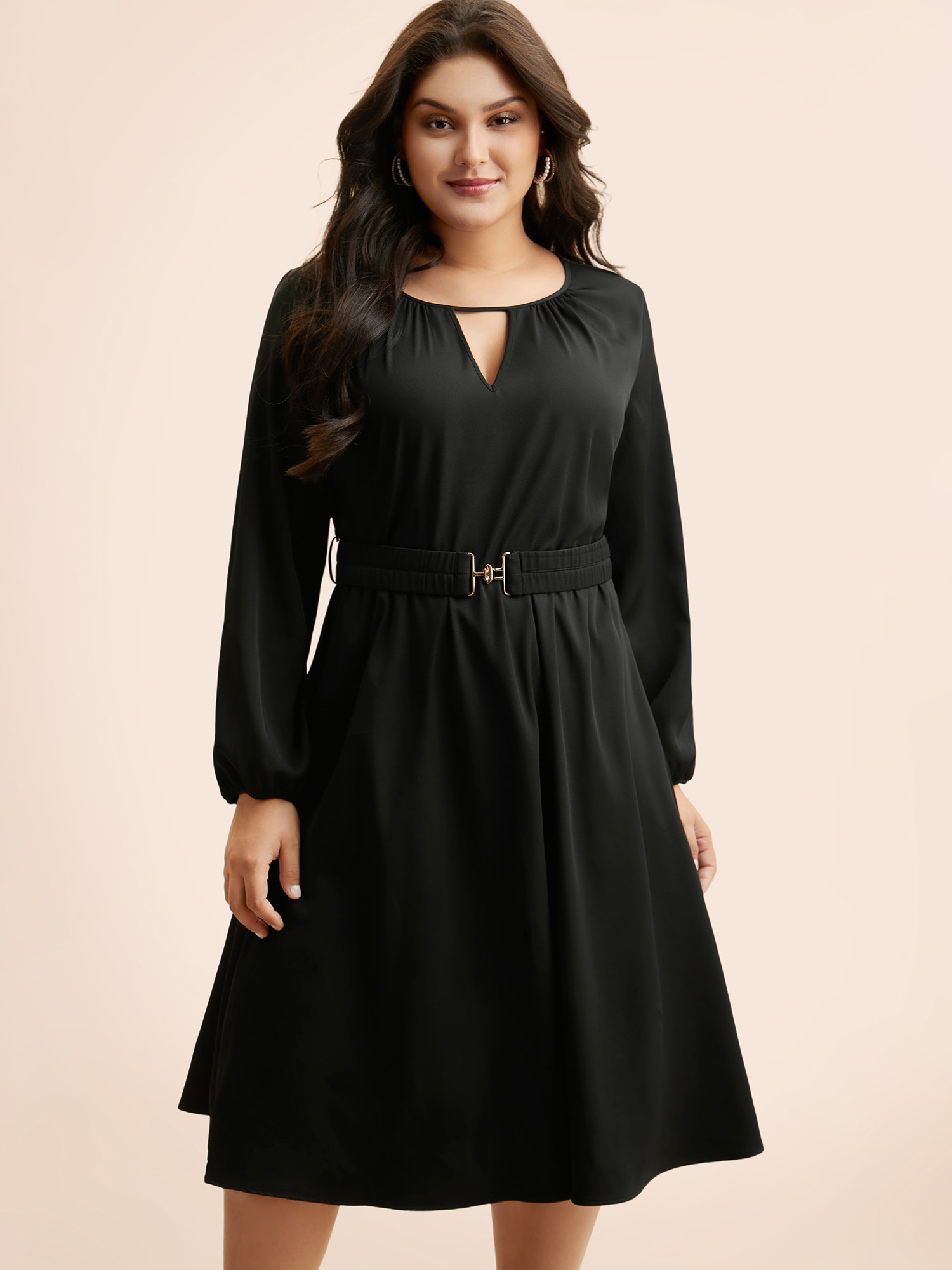 

Plus Size Keyhole Metal Detail Belted Midi Dress Black Women Elegant Gathered Round Neck Long Sleeve Curvy BloomChic