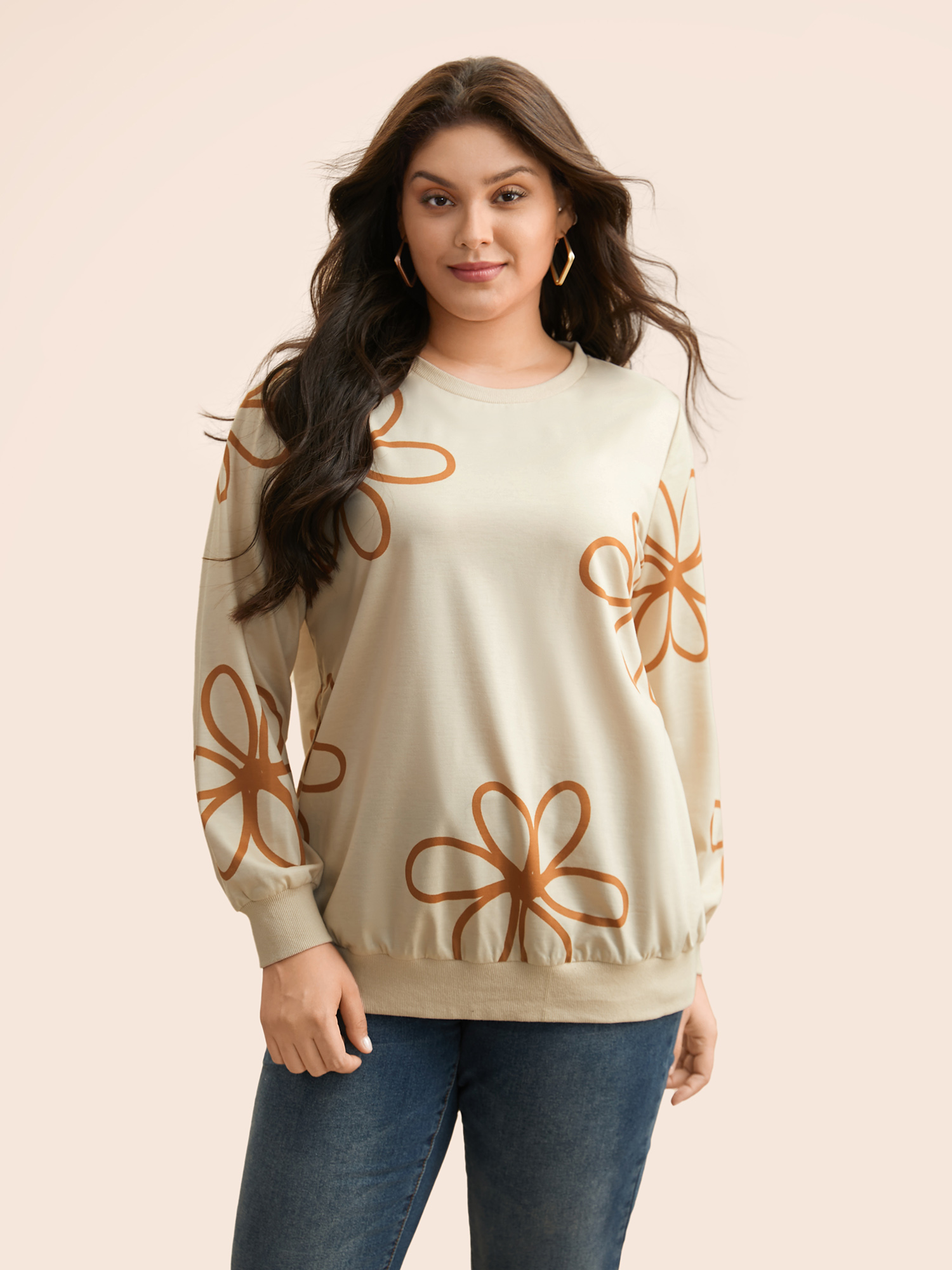 

Plus Size Floral Print Crew Neck Sweatshirt Women Champagne Casual Patchwork Loose Round Neck Everyday Sweatshirts BloomChic