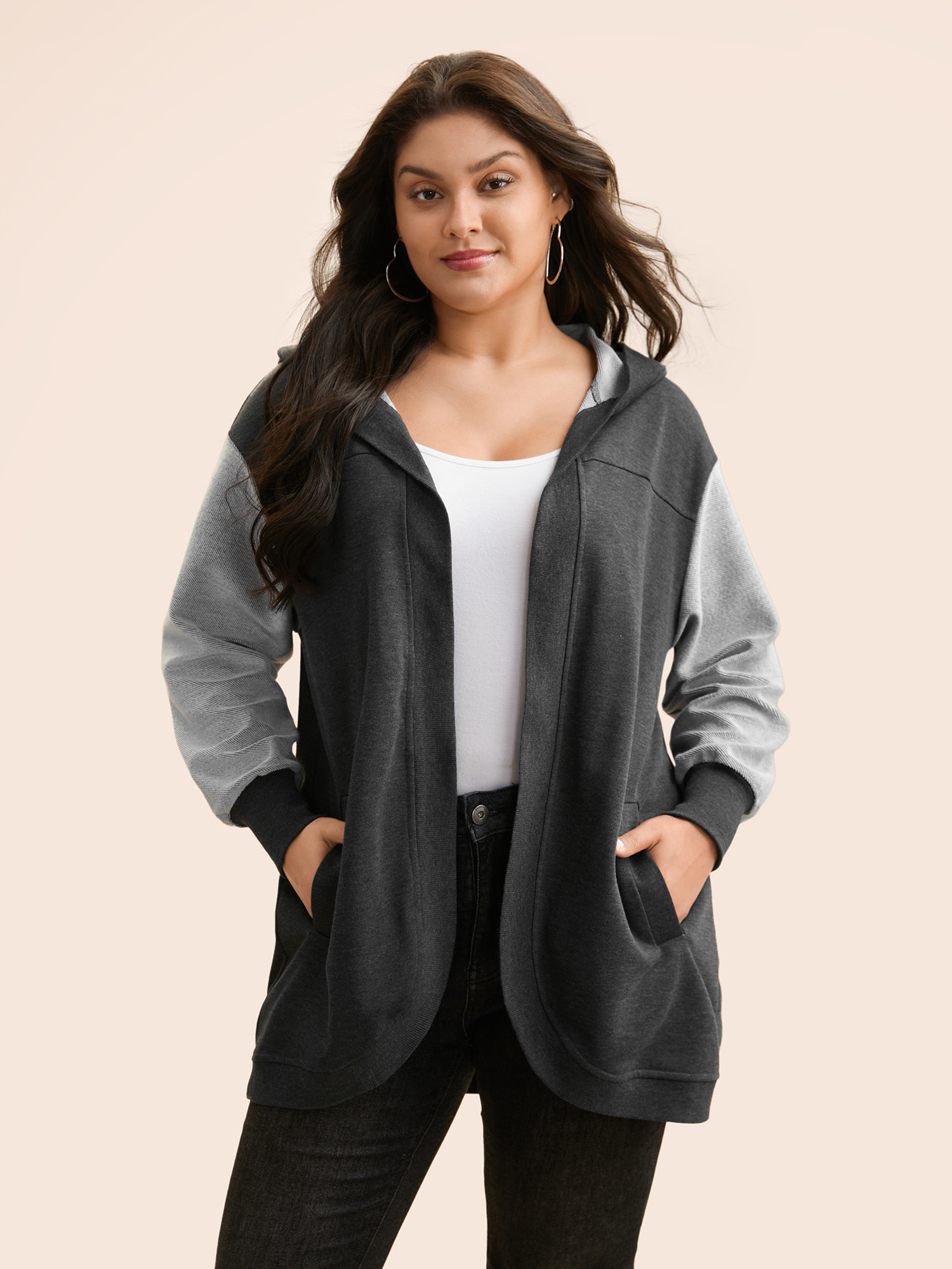 

Plus Size Patchwork Contrast Hooded Jacket Women DimGray Contrast Loose Slanted pocket Everyday Jackets BloomChic