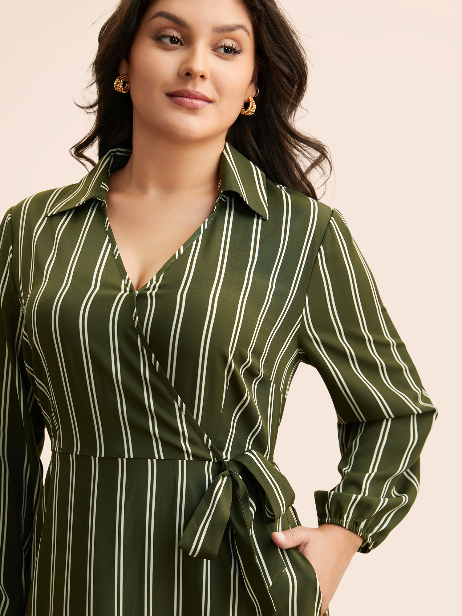 

Plus Size Striped Tie Knot Lantern Sleeve Dress ArmyGreen Women Elegant Overlapping Shirt collar Long Sleeve Curvy BloomChic