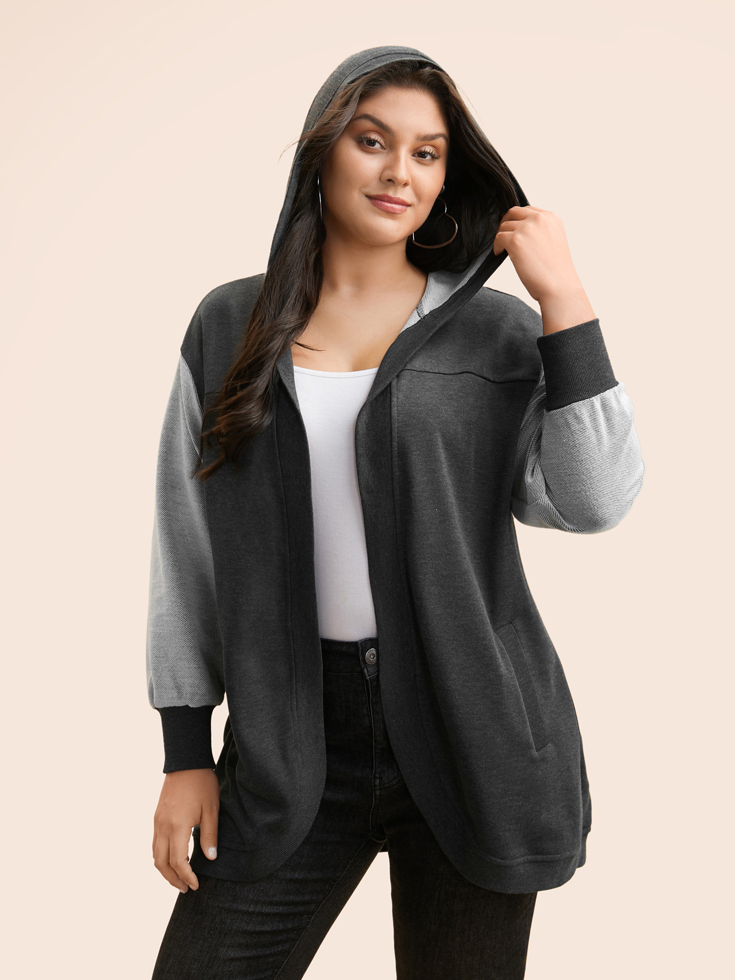 

Plus Size Patchwork Contrast Hooded Jacket Women DimGray Contrast Loose Slanted pocket Everyday Jackets BloomChic