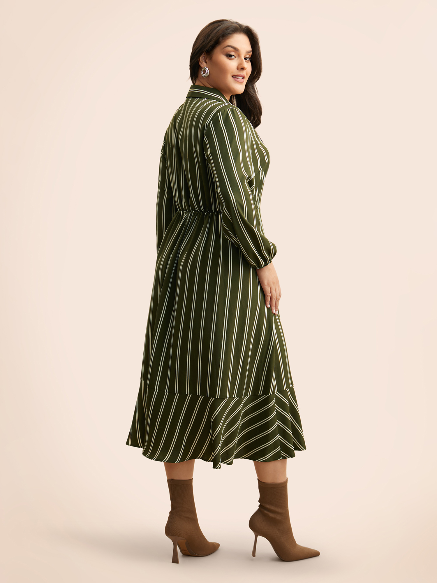 

Plus Size Striped Tie Knot Lantern Sleeve Dress ArmyGreen Women Elegant Overlapping Shirt collar Long Sleeve Curvy BloomChic