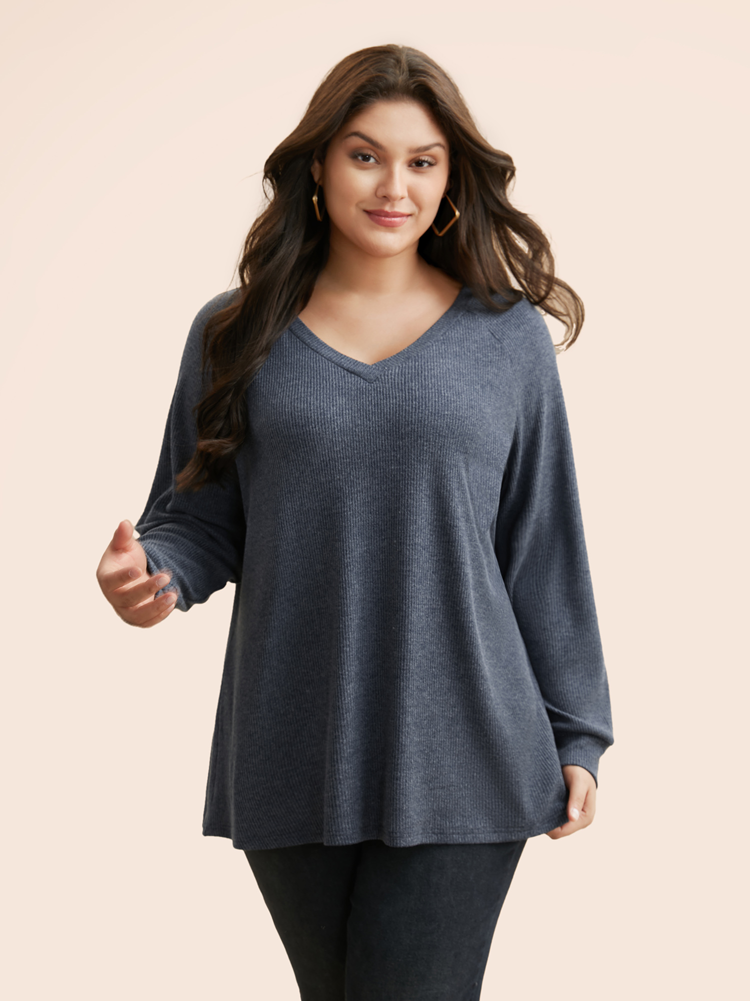 

Plus Size Plain Textured Raglan Sleeve T-shirt Indigo Women Casual Texture V-neck Loose Everyday T-shirts BloomChic