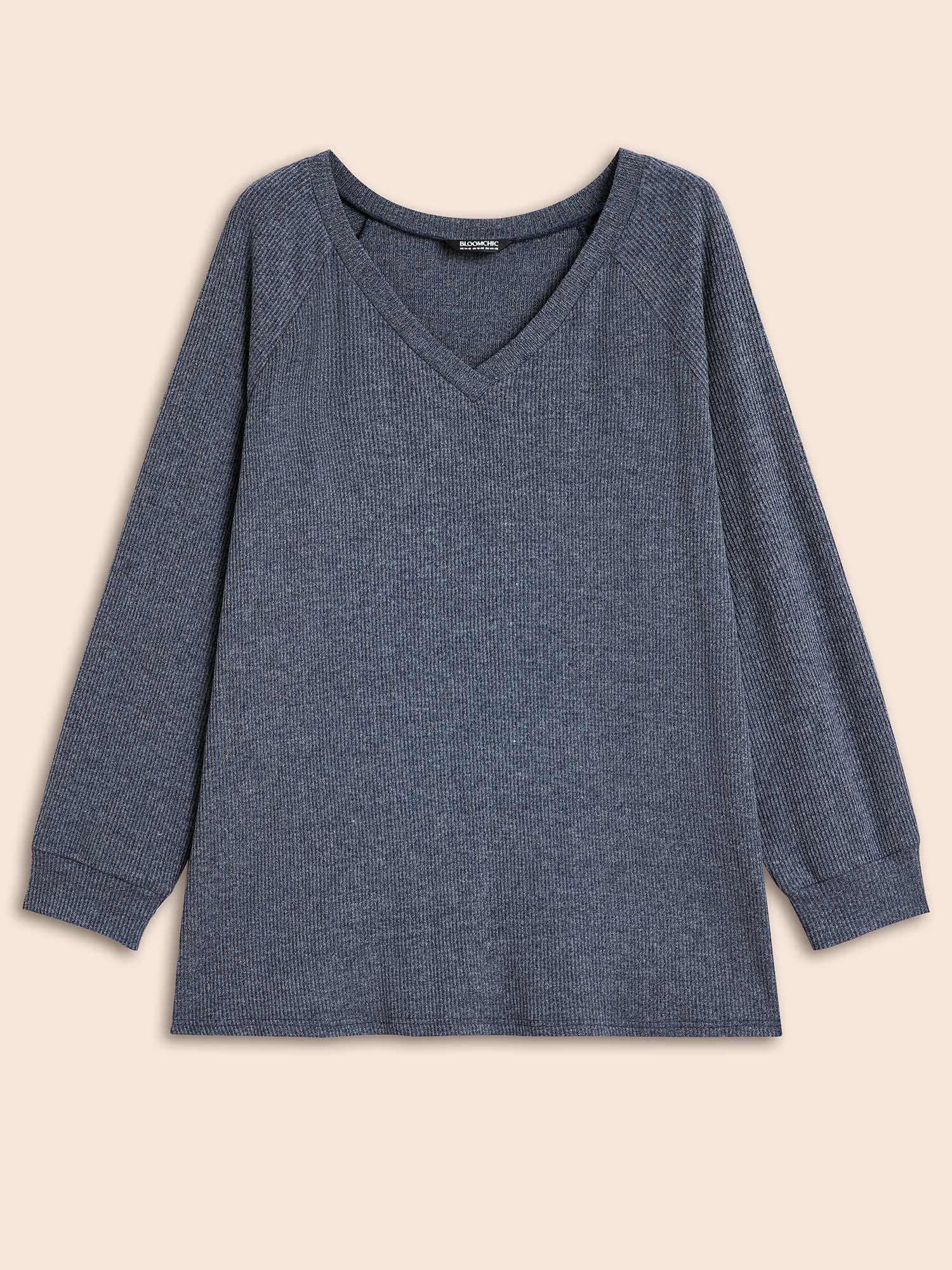 

Plus Size Plain Textured Raglan Sleeve T-shirt Indigo Women Casual Texture V-neck Loose Everyday T-shirts BloomChic