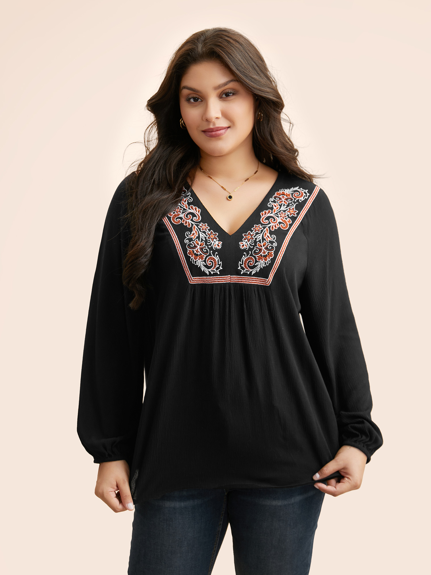 

Plus Size Black Floral Embroidered Patchwork Lantern Sleeve Blouse Women Elegant Long Sleeve V-neck Everyday Blouses BloomChic