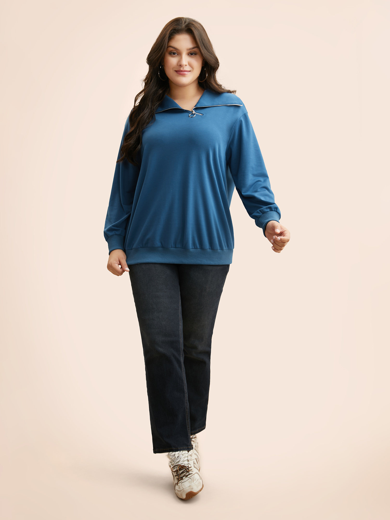 Plus Size Lapel Collar O Ring Zipper Sweatshirt Women Mediumblue Casual Patchwork Loose Lapel Collar Everyday Sweatshirts BloomChic 22-24/3X 