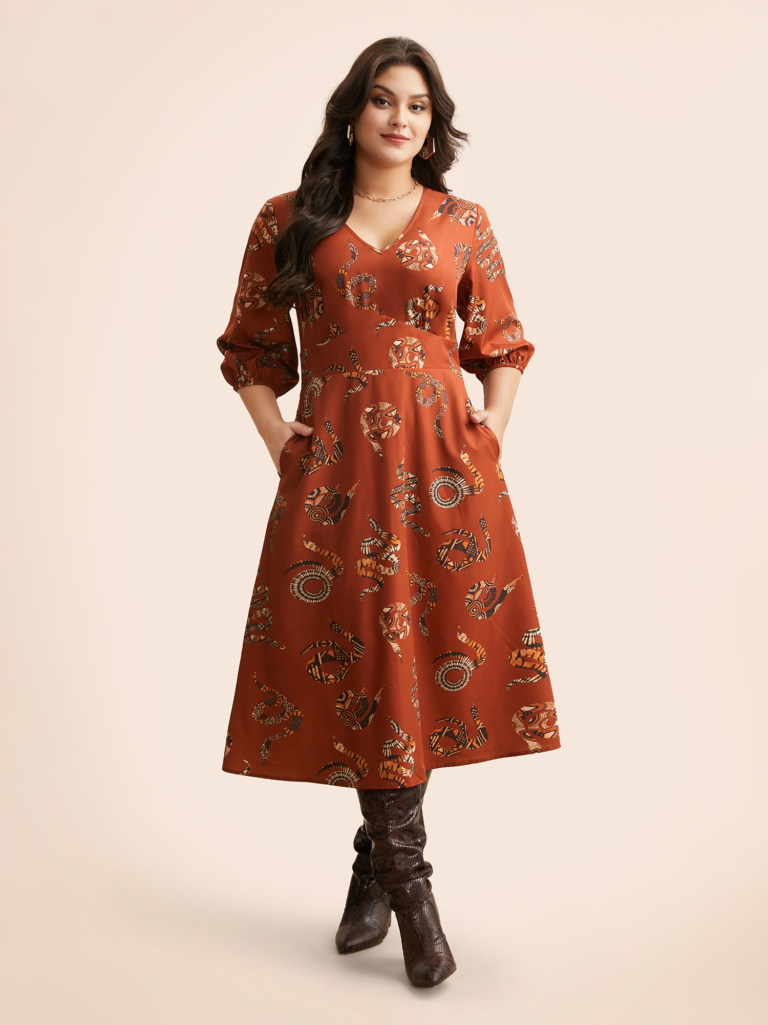 

Plus Size Snake Print Lantern Sleeve Midi Dress Burgundy Women Elegant Shirred V-neck Elbow-length sleeve Curvy BloomChic