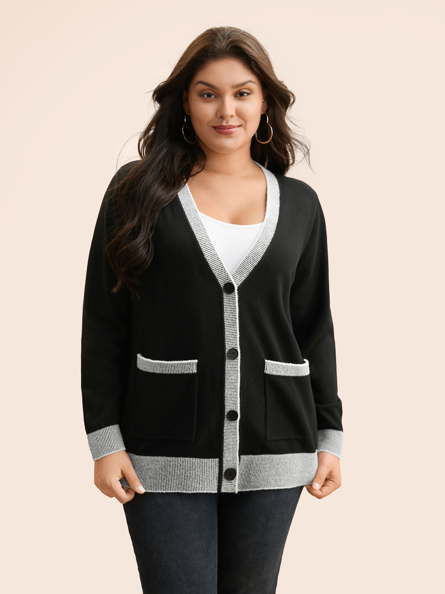 Plus Size Contrast Button Up Pocket Cardigan Black Women Casual Long Sleeve Everyday Cardigans BloomChic 12/L 