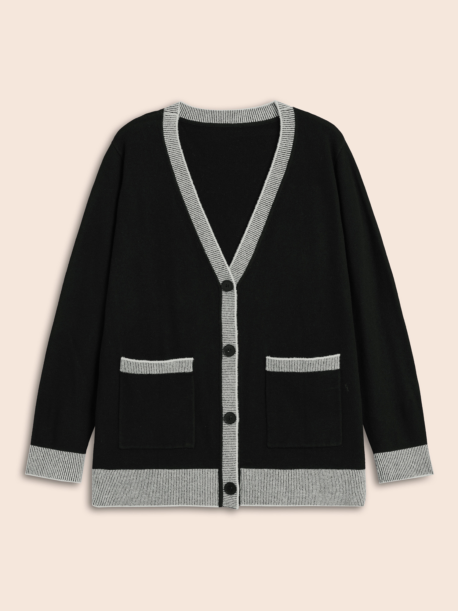 Plus Size Contrast Button Up Pocket Cardigan Black Women Casual Long Sleeve Everyday Cardigans BloomChic 12/L 