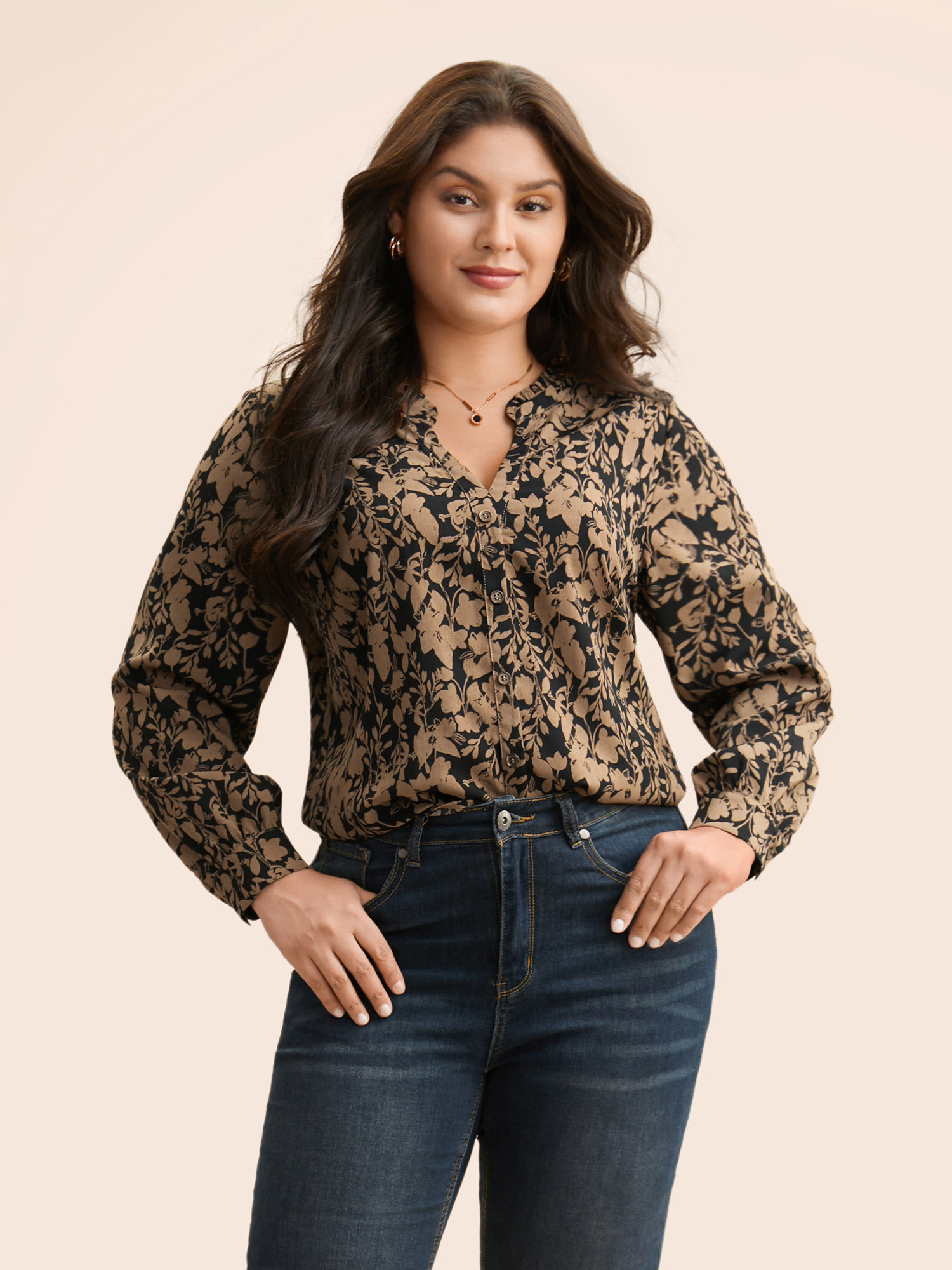 

Plus Size Black Silhouette Floral Print Notched Frill Trim Blouse Women Elegant Long Sleeve Notched collar Everyday Blouses BloomChic