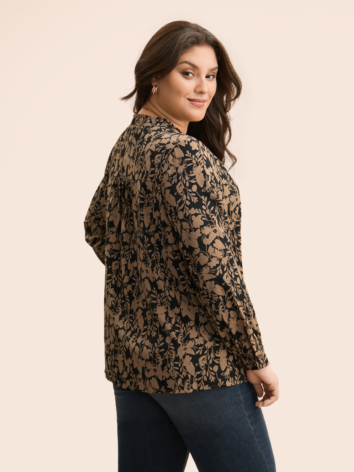 

Plus Size Black Silhouette Floral Print Notched Frill Trim Blouse Women Elegant Long Sleeve Notched collar Everyday Blouses BloomChic