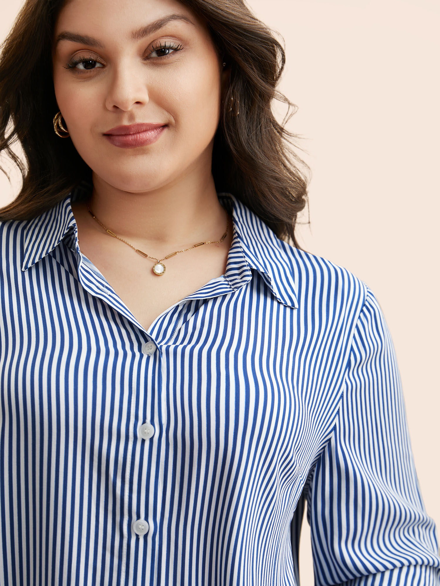 Plus Size Mediumblue Striped Shirt Collar Shirred Blouse Women Elegant Long Sleeve Shirt collar Everyday Blouses BloomChic 26/4X 