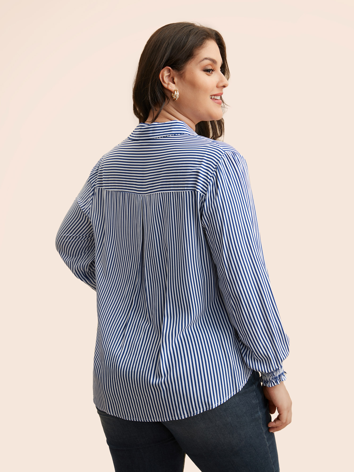 Plus Size Mediumblue Striped Shirt Collar Shirred Blouse Women Elegant Long Sleeve Shirt collar Everyday Blouses BloomChic 26/4X 