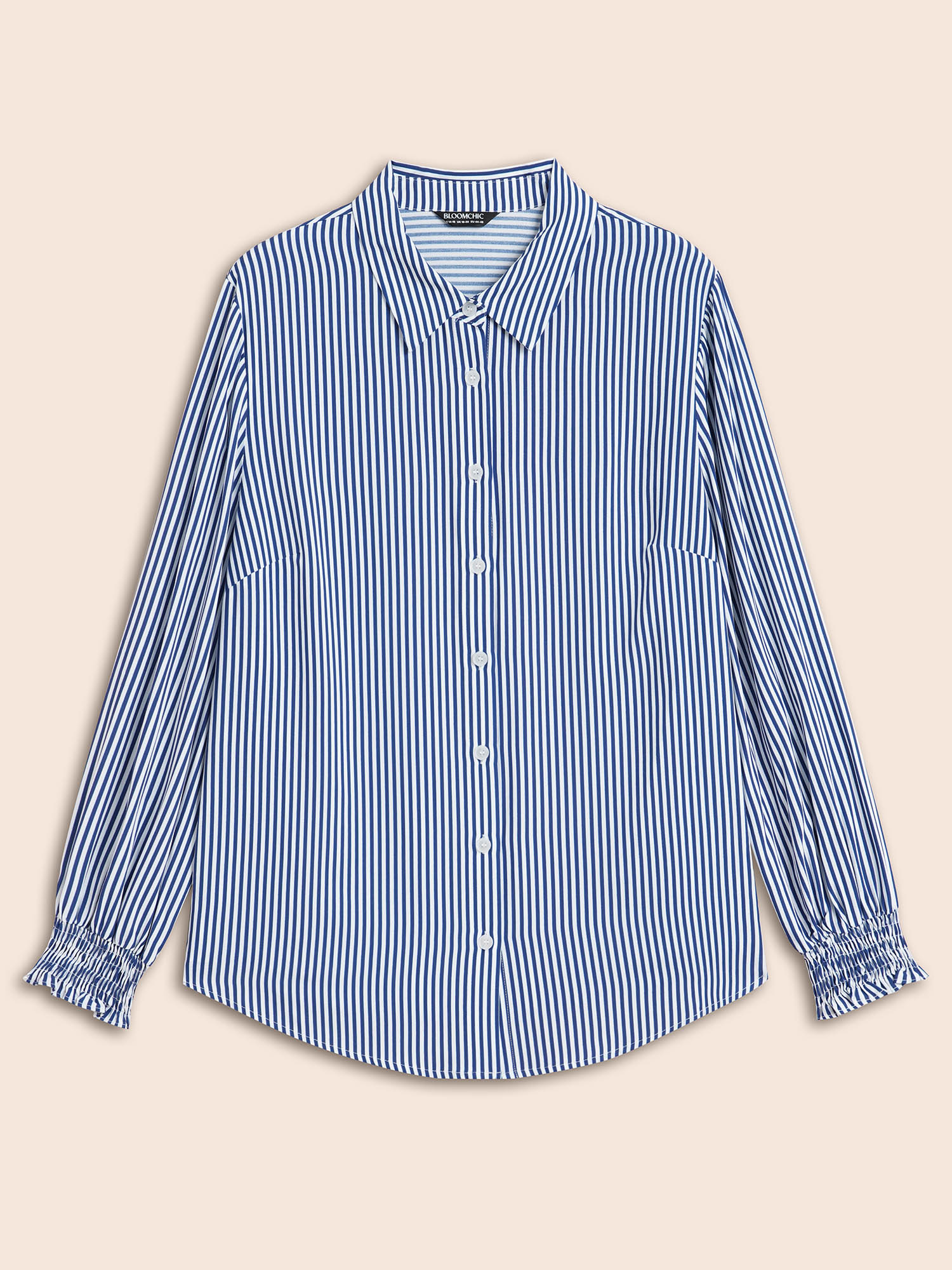 Plus Size Mediumblue Striped Shirt Collar Shirred Blouse Women Elegant Long Sleeve Shirt collar Everyday Blouses BloomChic 26/4X 