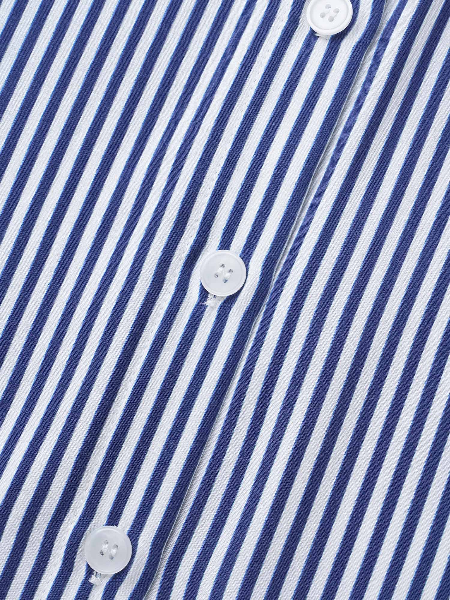 Plus Size Mediumblue Striped Shirt Collar Shirred Blouse Women Elegant Long Sleeve Shirt collar Everyday Blouses BloomChic 26/4X 