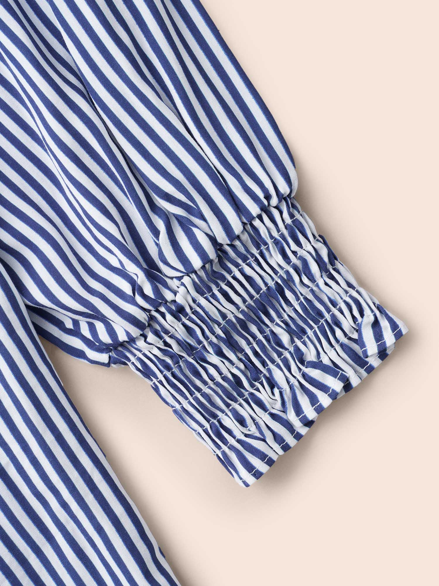 Plus Size Mediumblue Striped Shirt Collar Shirred Blouse Women Elegant Long Sleeve Shirt collar Everyday Blouses BloomChic 26/4X 