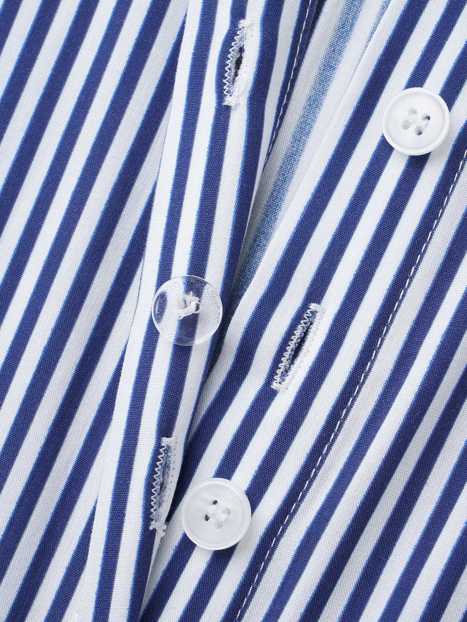 Plus Size Mediumblue Striped Shirt Collar Shirred Blouse Women Elegant Long Sleeve Shirt collar Everyday Blouses BloomChic 26/4X 